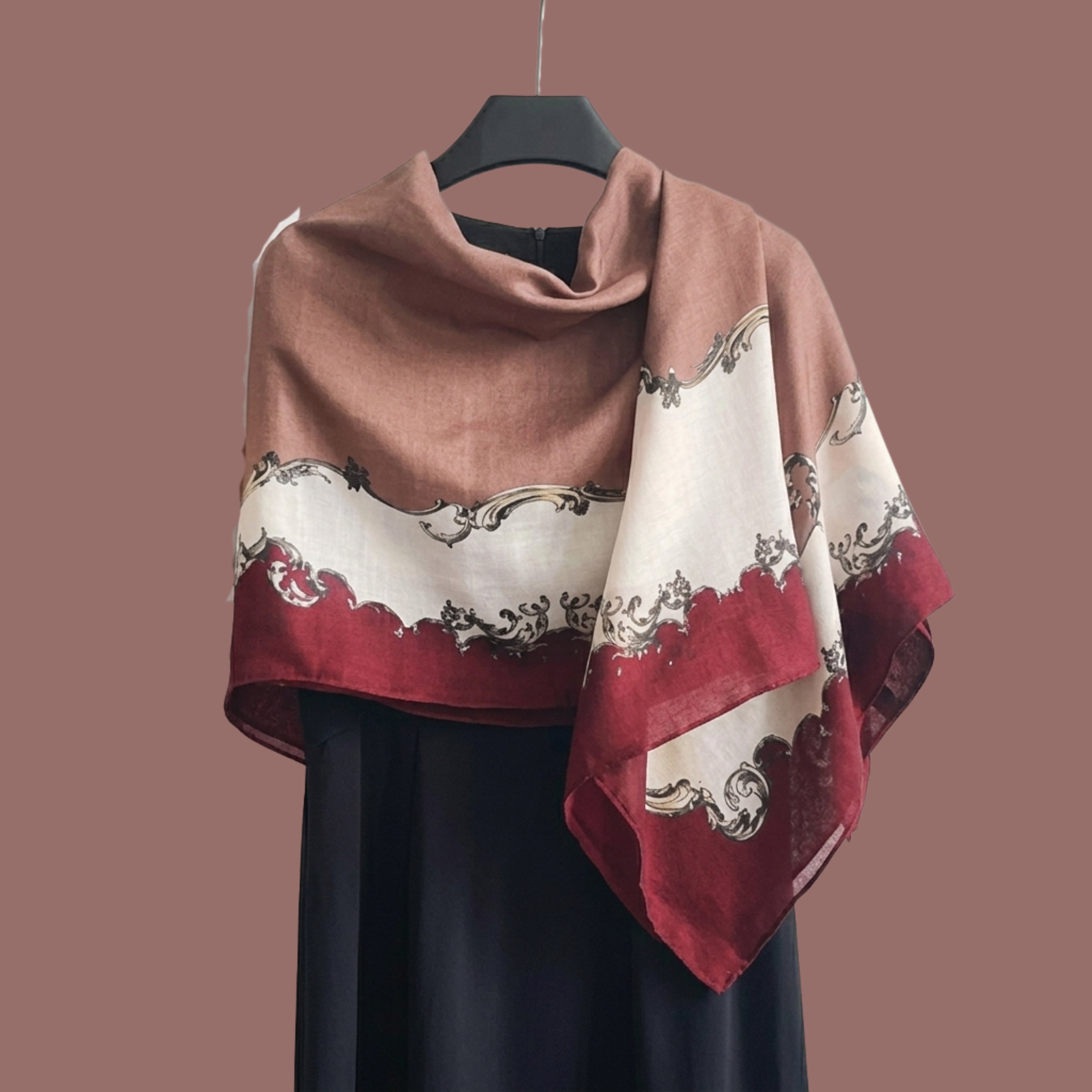Elegant Dusty Rose & Burgundy Border Women's Scarf | Soft Lightweight Vintage Print Korean Style Shawl & Wrap