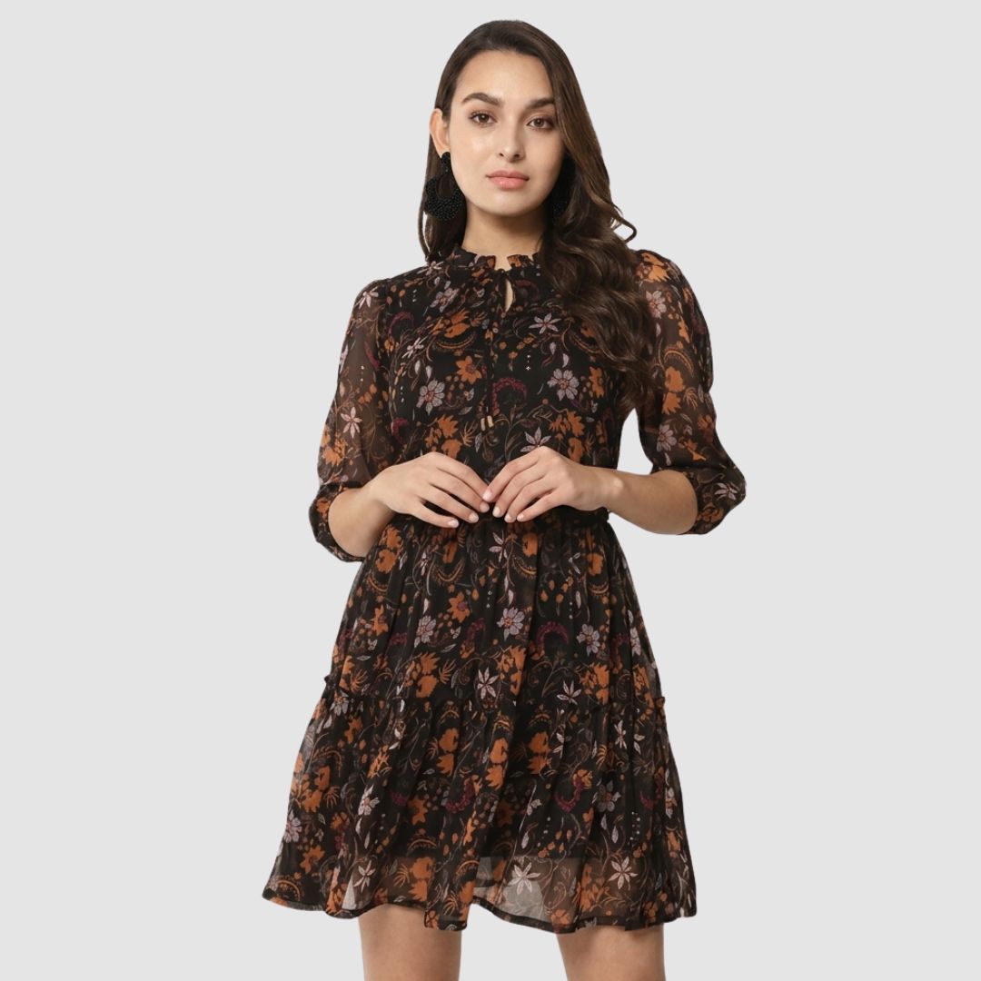 Black Printed Ruffle Hem Party Dress for Women