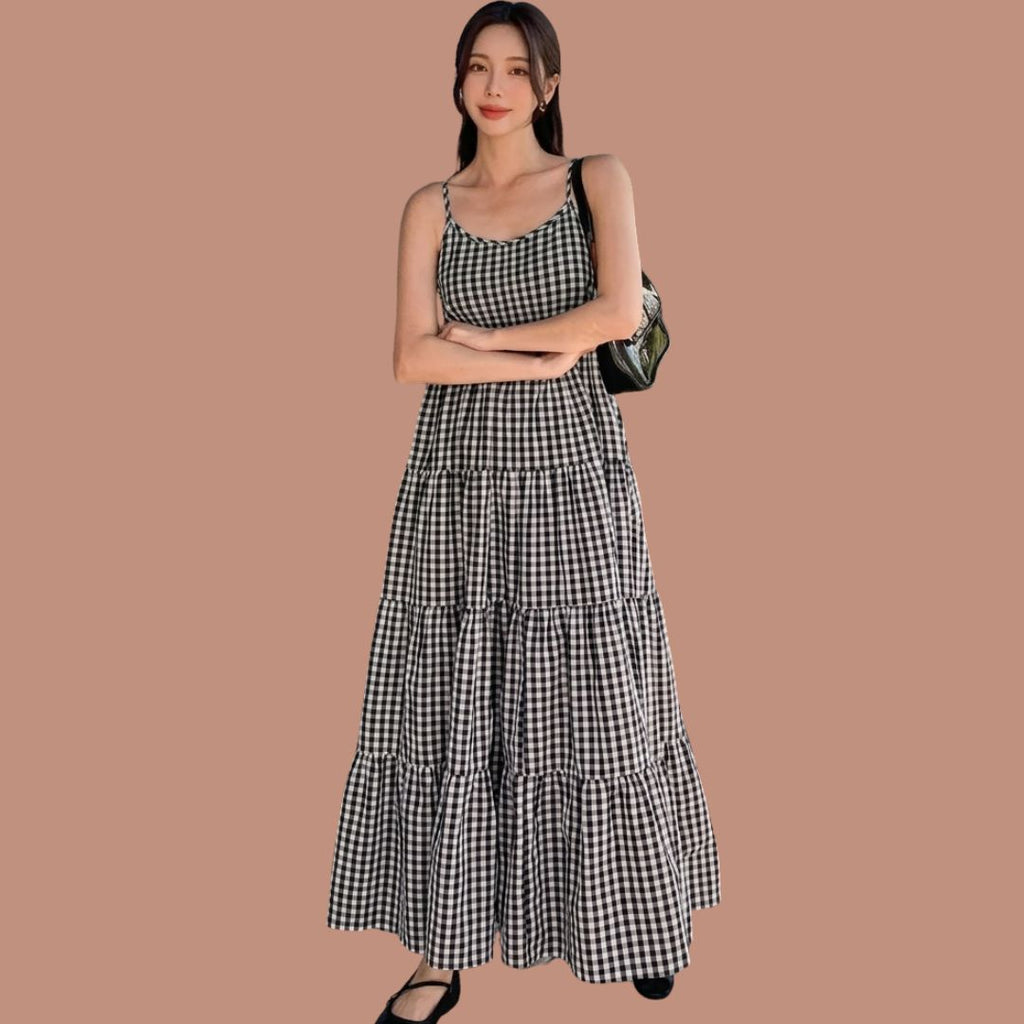 Black & White Gingham Tiered Maxi Dress for Women | Sleeveless Summer Casual Dress
