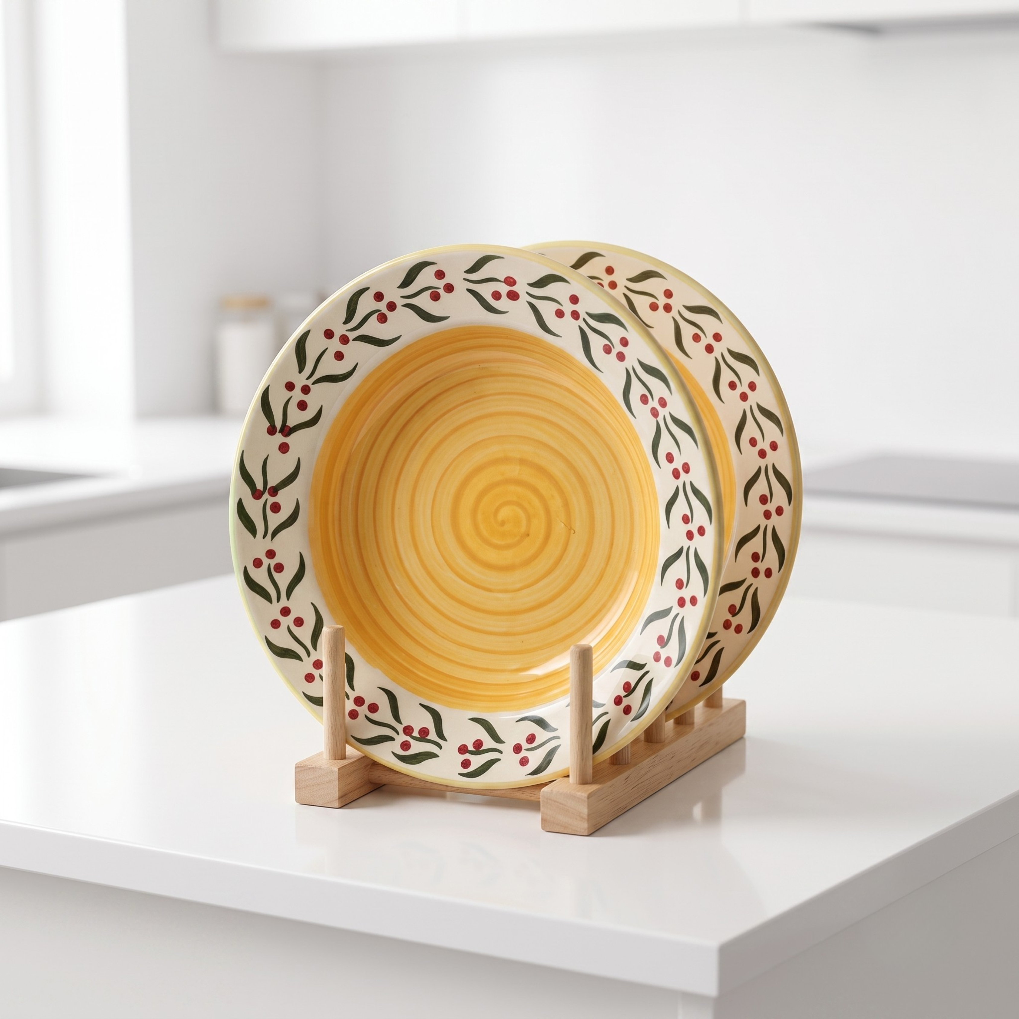 Premium Hand-Painted Ceramic Pasta Plate (20cm) | Yellow Spiral & Berry Design