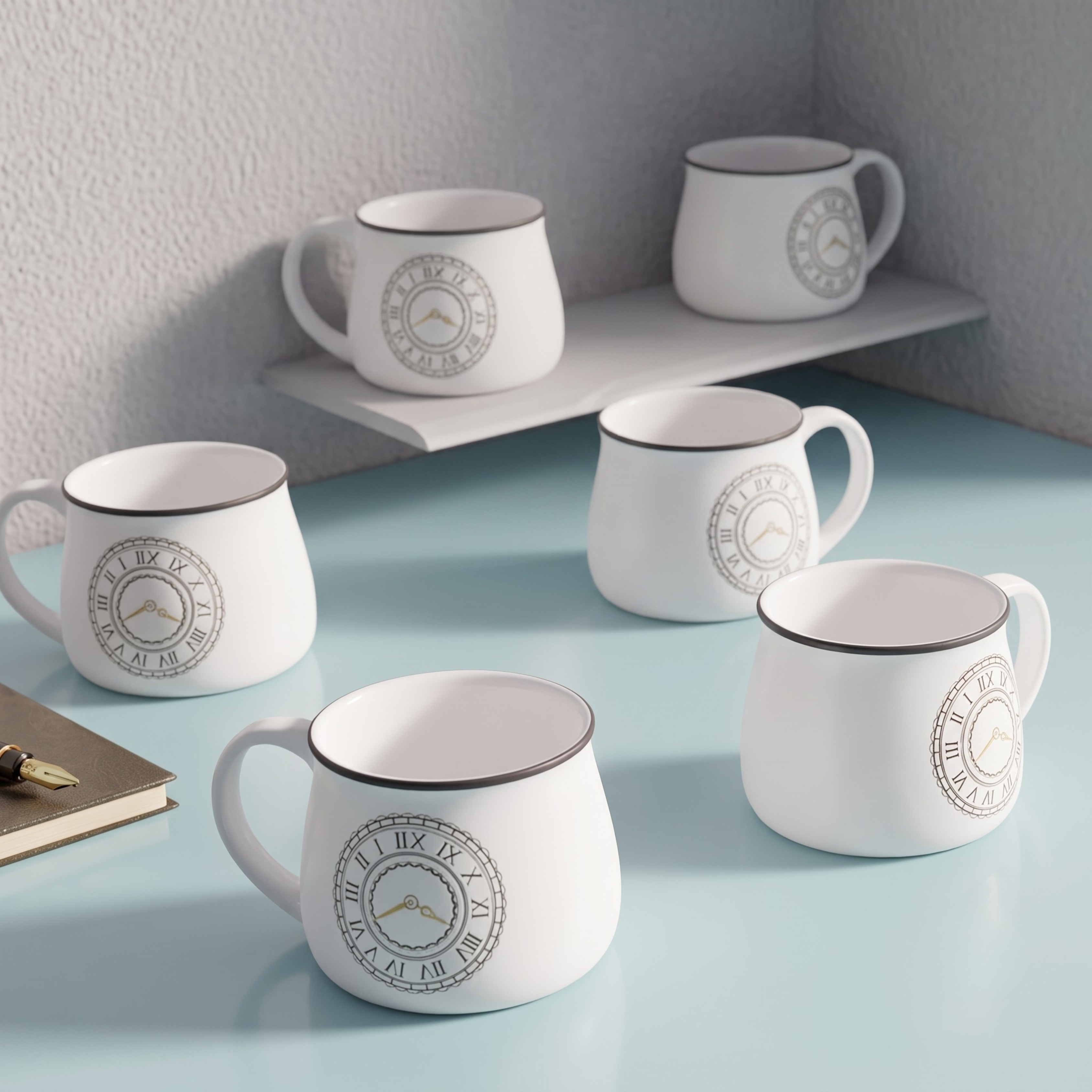 Set of 6 White Ceramic Tea & Coffee Cups with Clock Print | 200ml, Microwave Safe Kitchen Drinkware