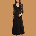 Elegant Black Maxi Dress with Sheer Long Sleeves & V-Neck