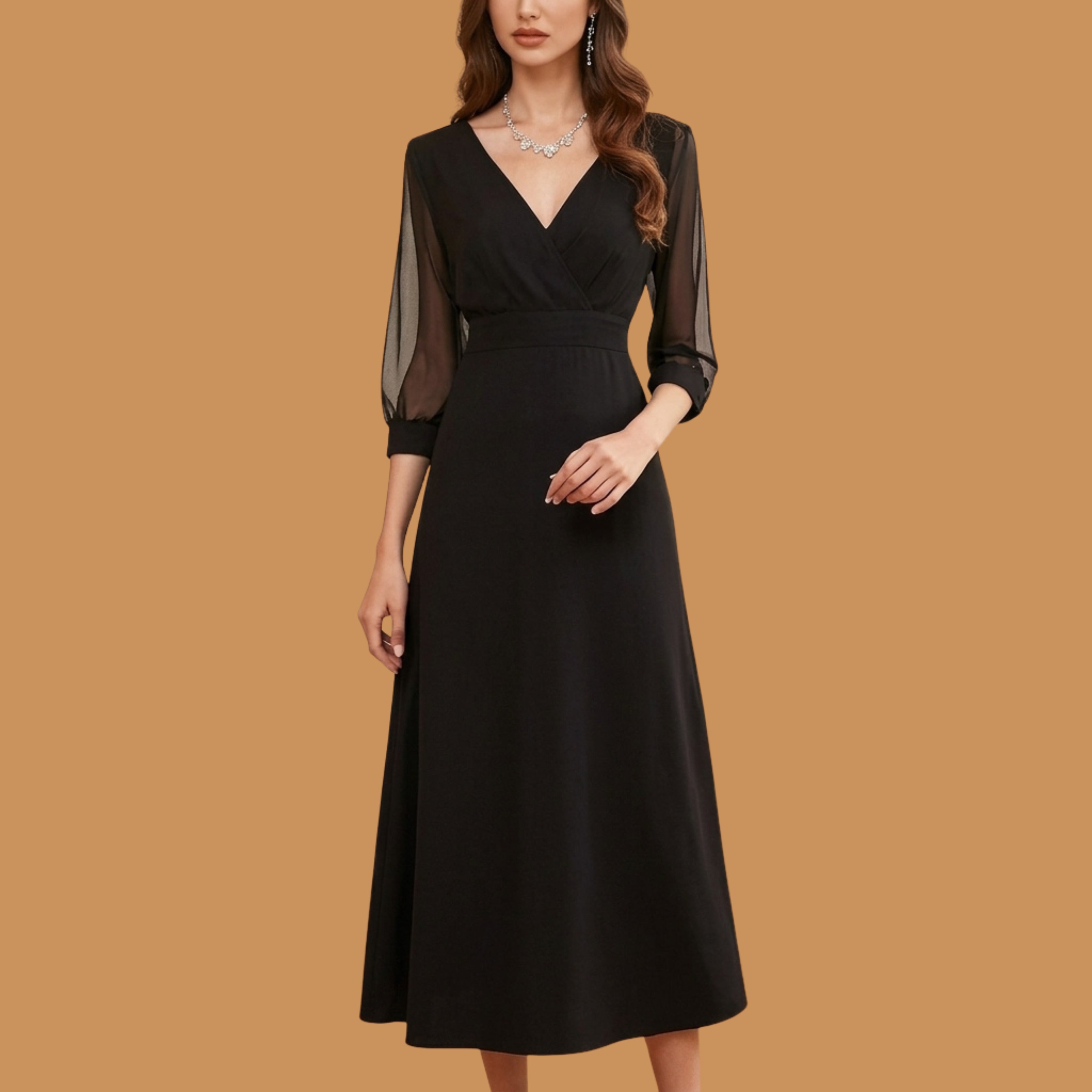 Elegant Black Maxi Dress with Sheer Long Sleeves & V-Neck