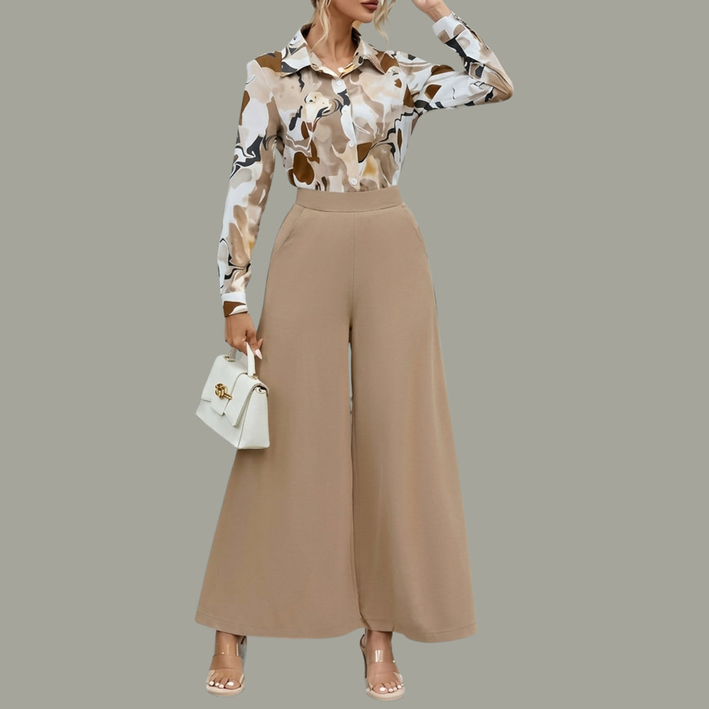 Women's Beige Printed Shirt & High-Waist Wide Leg Pants Co-Ord Set | Elegant Casual Two-Piece Outfit