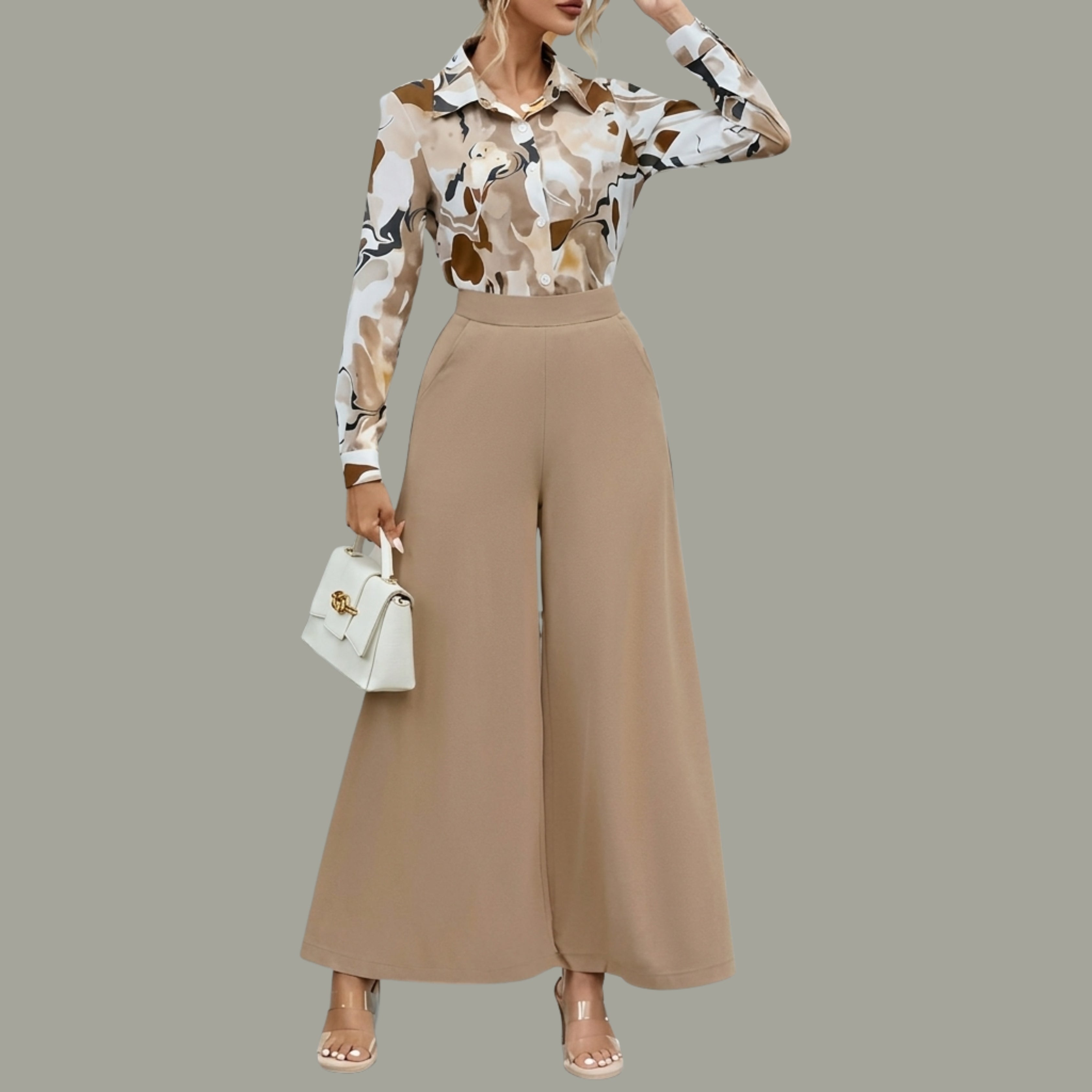 Women's Beige Printed Shirt & High-Waist Wide Leg Pants Co-Ord Set | Elegant Casual Two-Piece Outfit