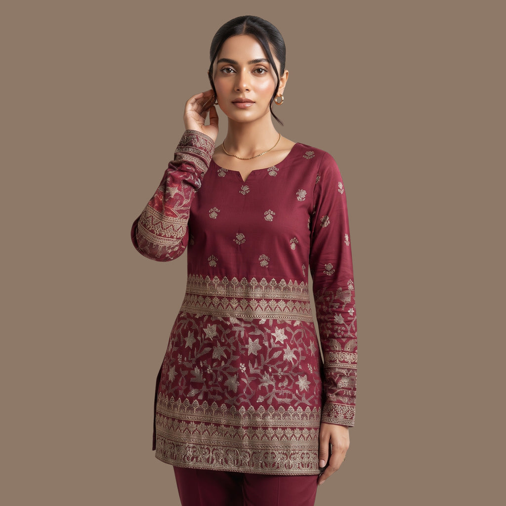 Women's Maroon Printed Short Kurti  | Full Sleeve Casual Kurti for Women