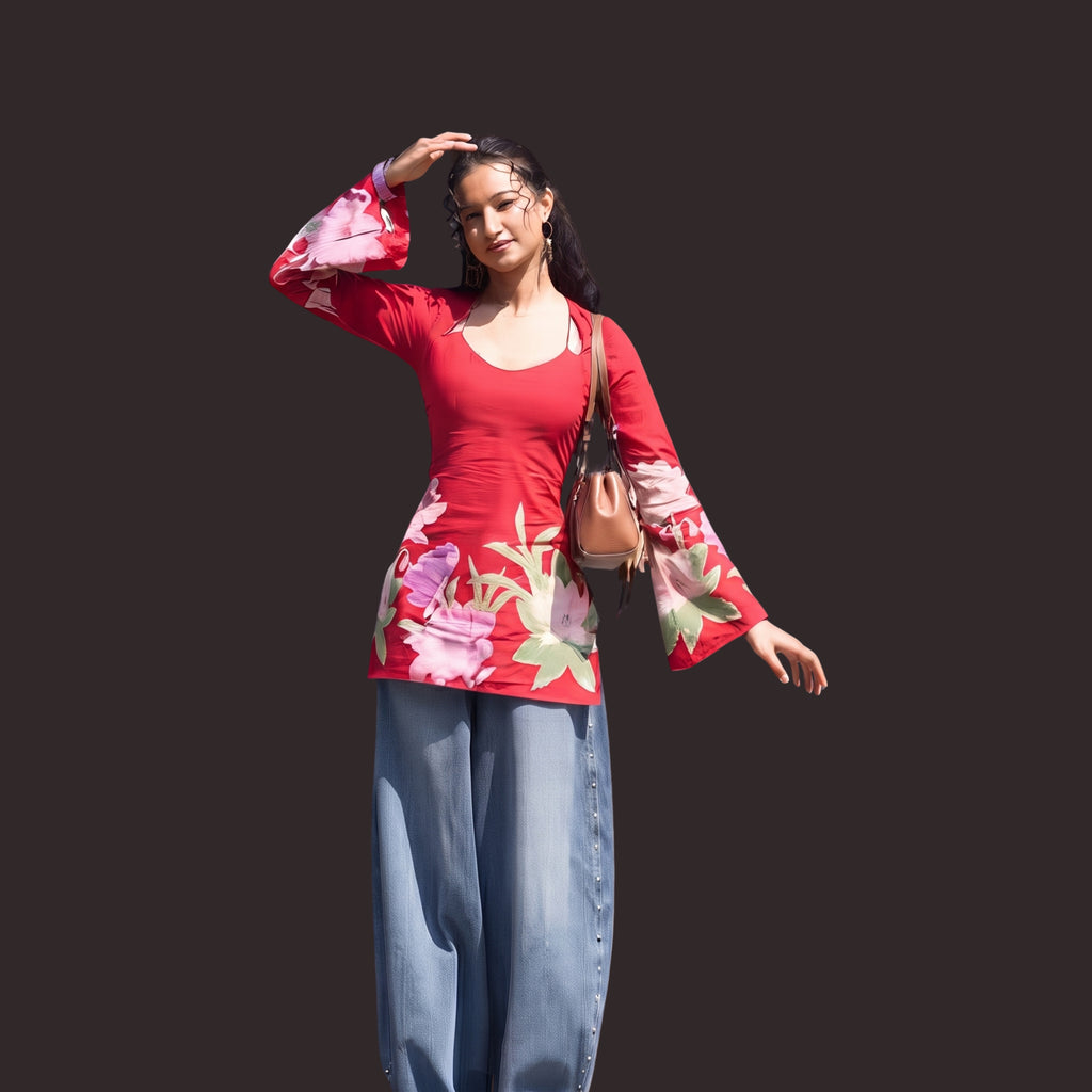 Women's Red Floral Printed Short Kurti | Bell Sleeve Cotton Blend Ethnic Top with Back Tie-Up