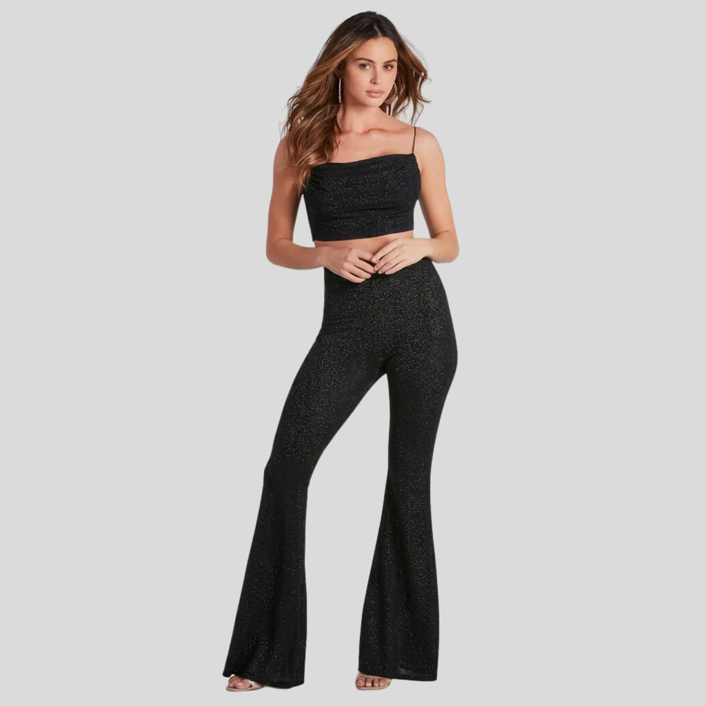 Women's Black Glitter Party Co-Ord Set | Sparkly Crop Top & Flared Pants