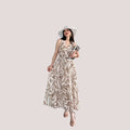 Women's Beige Tropical Leaf Print Sleeveless Maxi Dress