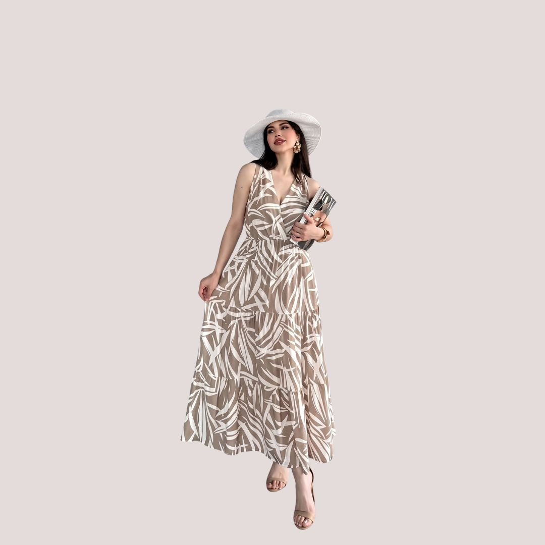 Women's Beige Tropical Leaf Print Sleeveless Maxi Dress