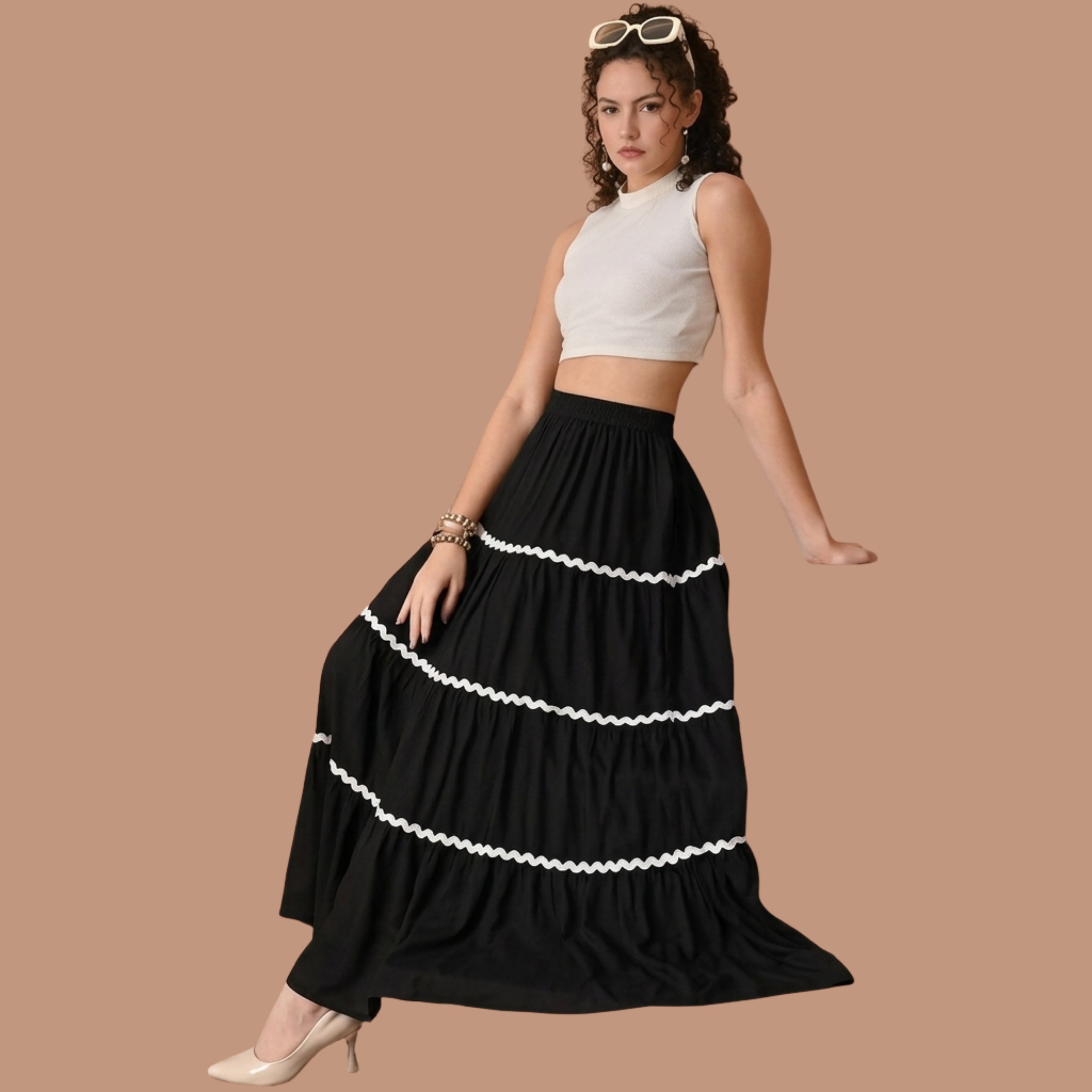 Korean Style Black Tiered Maxi Skirt for Women | High Waist Flowy Long Skirt with White Lace Trim