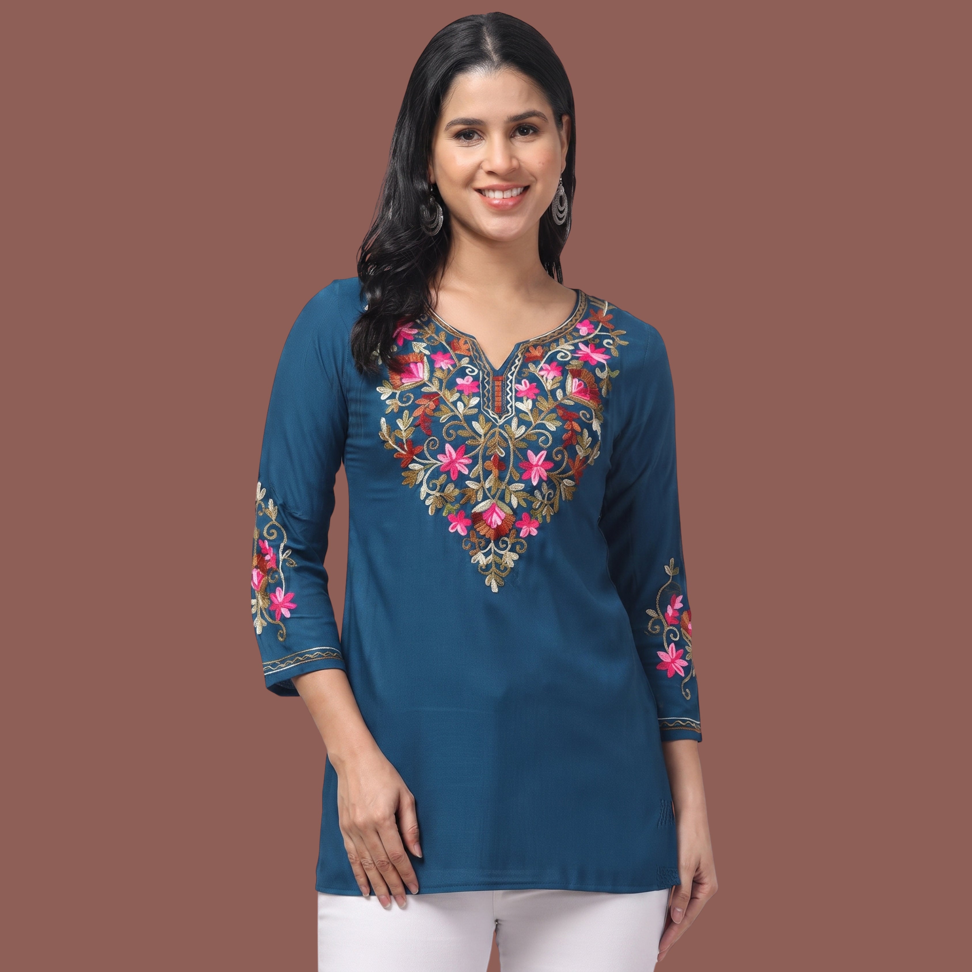 Women's Blue Floral Embroidered Short Kurti | Casual & Office Wear Kurti