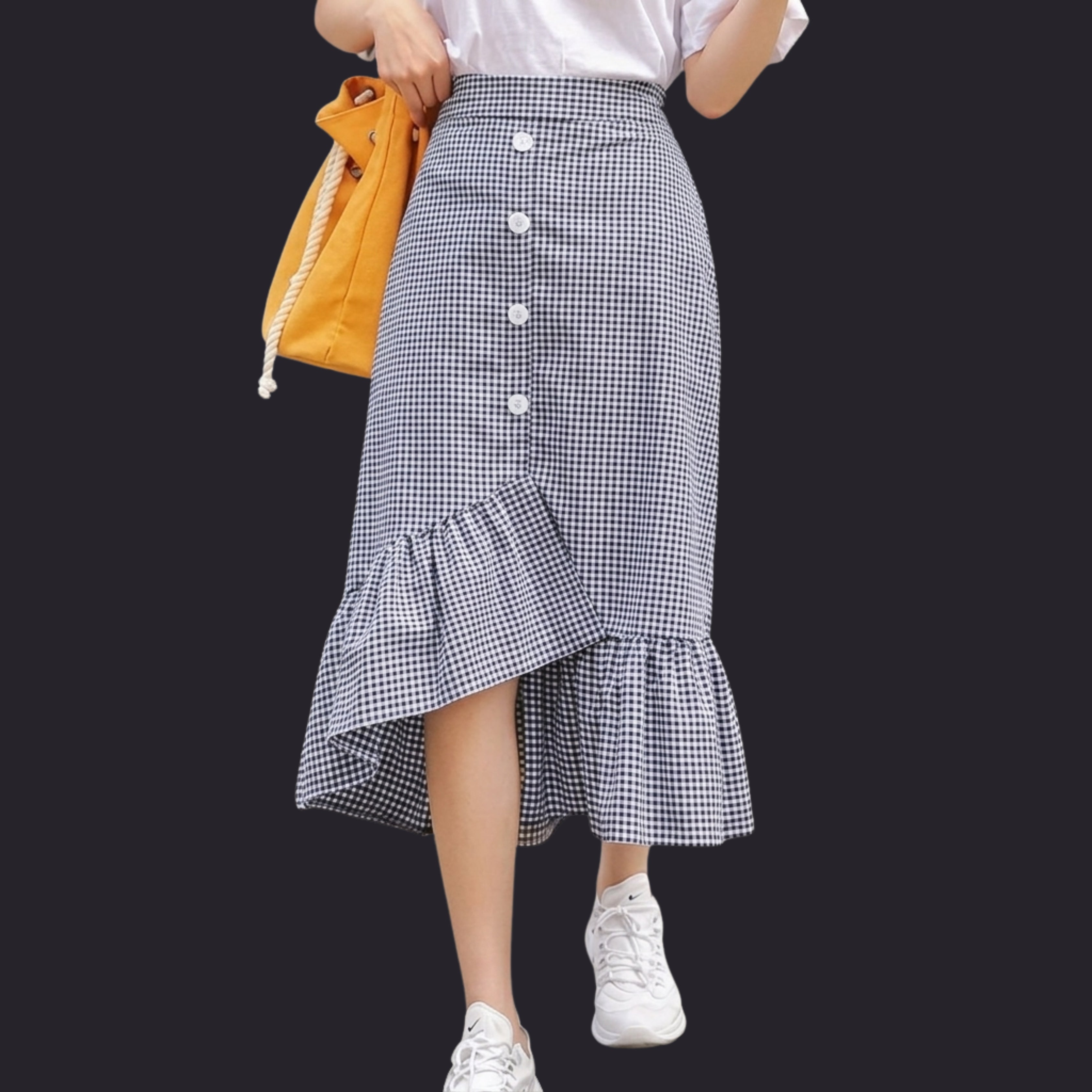 Korean Style Black Gingham Ruffle Midi Skirt for Women | High Waist Checkered Skirt