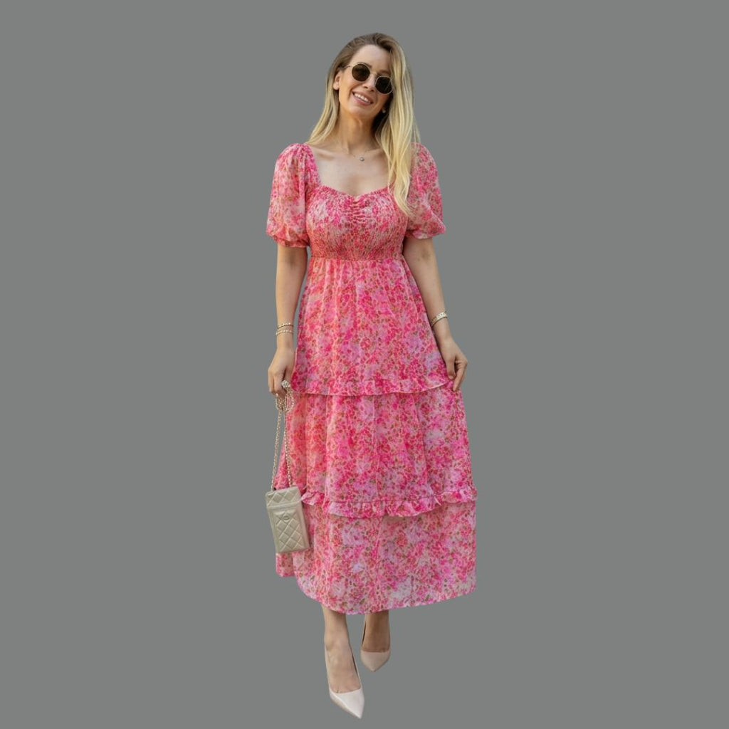 Pink Floral Smocked Tiered Midi Dress for Women | Puff Sleeve Summer Party Dress