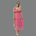 Pink Floral Smocked Tiered Midi Dress for Women | Puff Sleeve Summer Party Dress