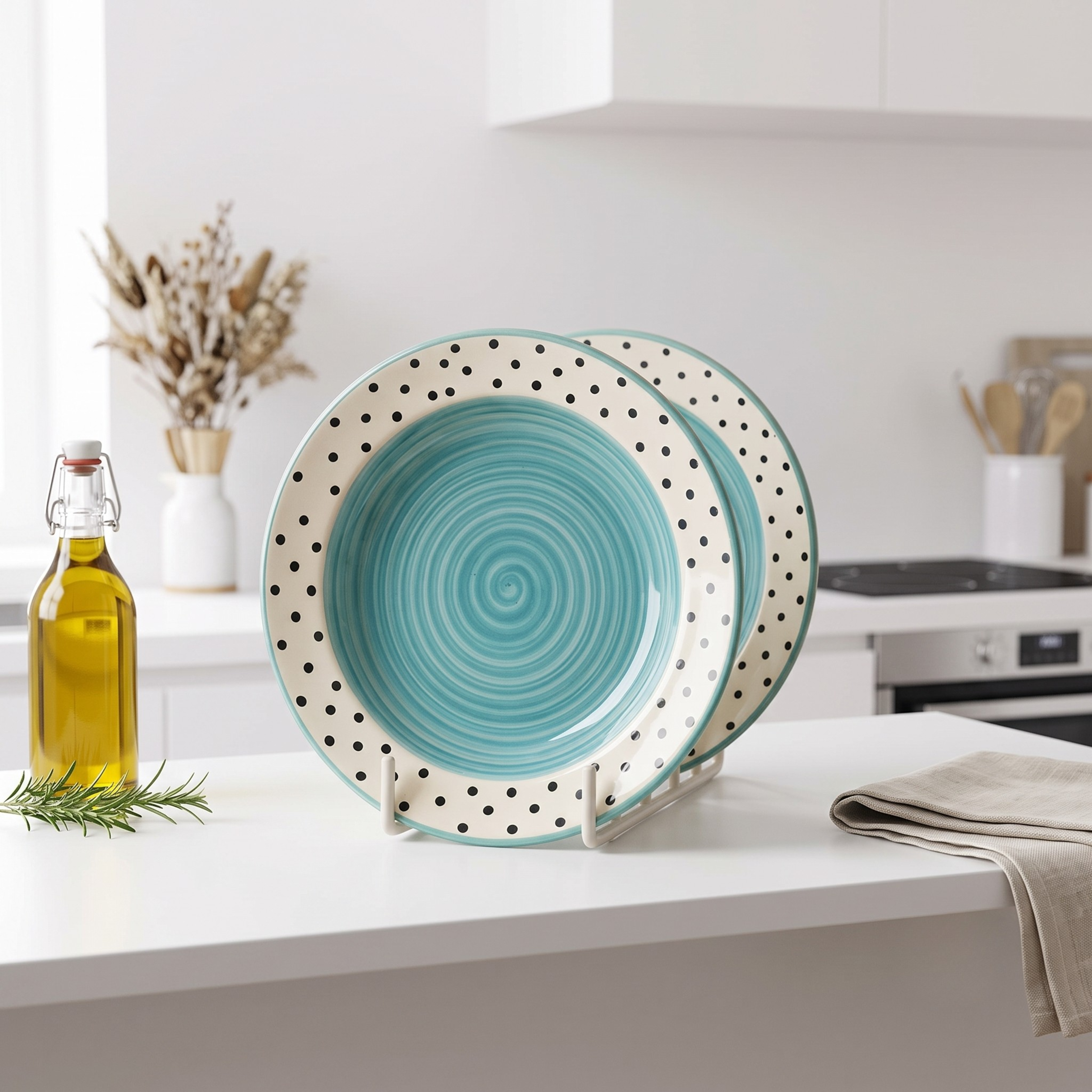 Premium Hand-Painted Ceramic Plate (20cm) - Teal Spiral & Polka Dot Design | Eco-Friendly Dinnerware