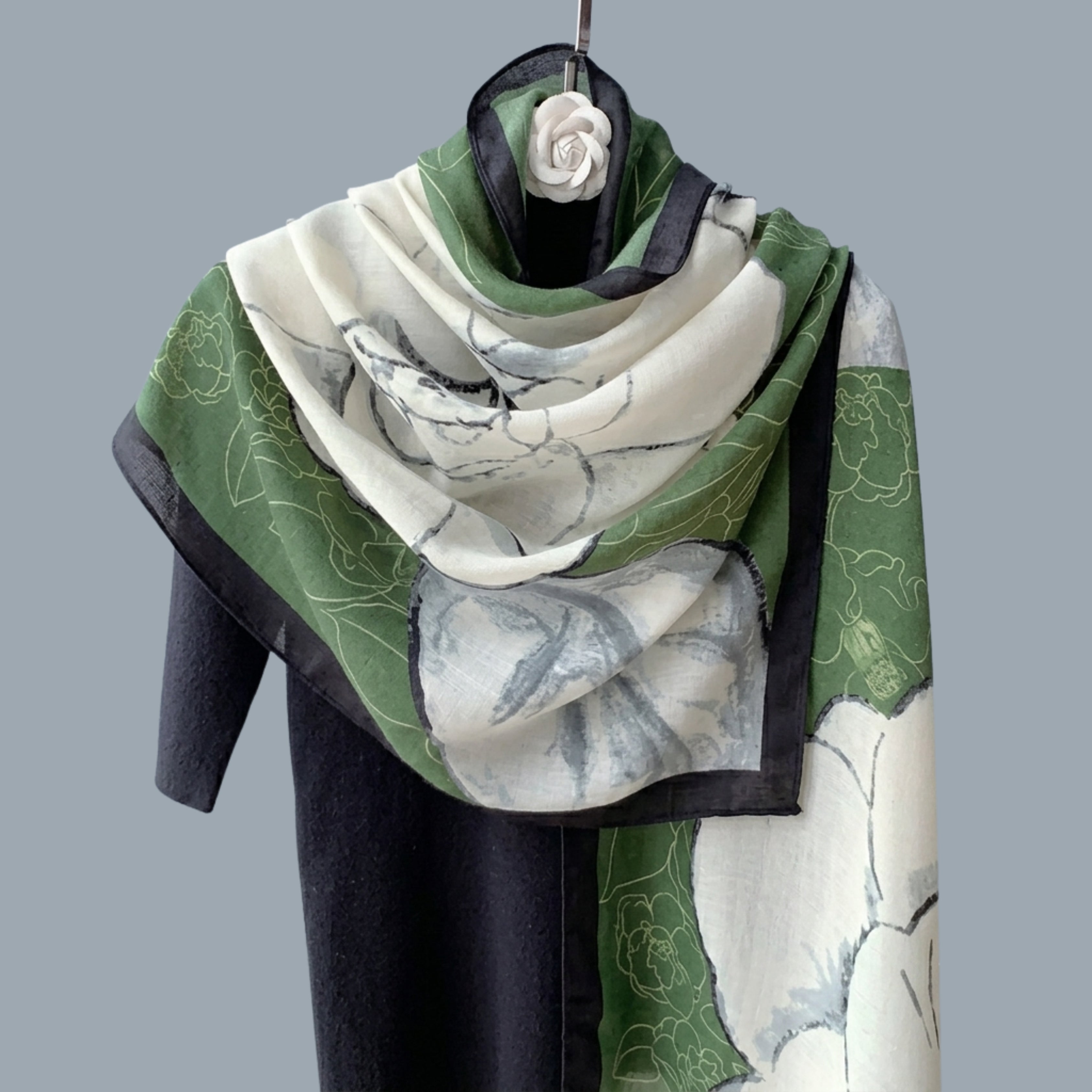 Elegant Green Floral Print Women's Scarf | Soft Lightweight Korean Style Shawl, Wrap & Stole
