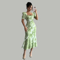 Sage Green Floral Midi Dress with Puff Sleeves & Open Back Bow