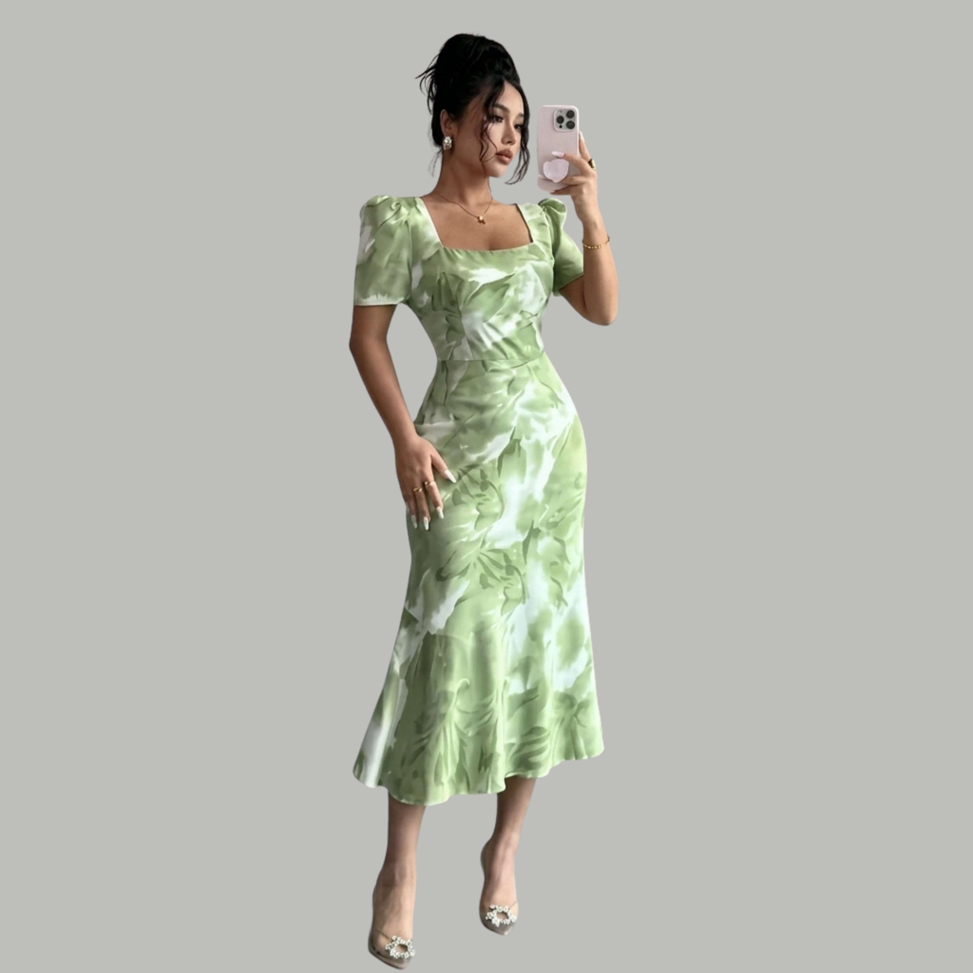 Sage Green Floral Midi Dress with Puff Sleeves & Open Back Bow