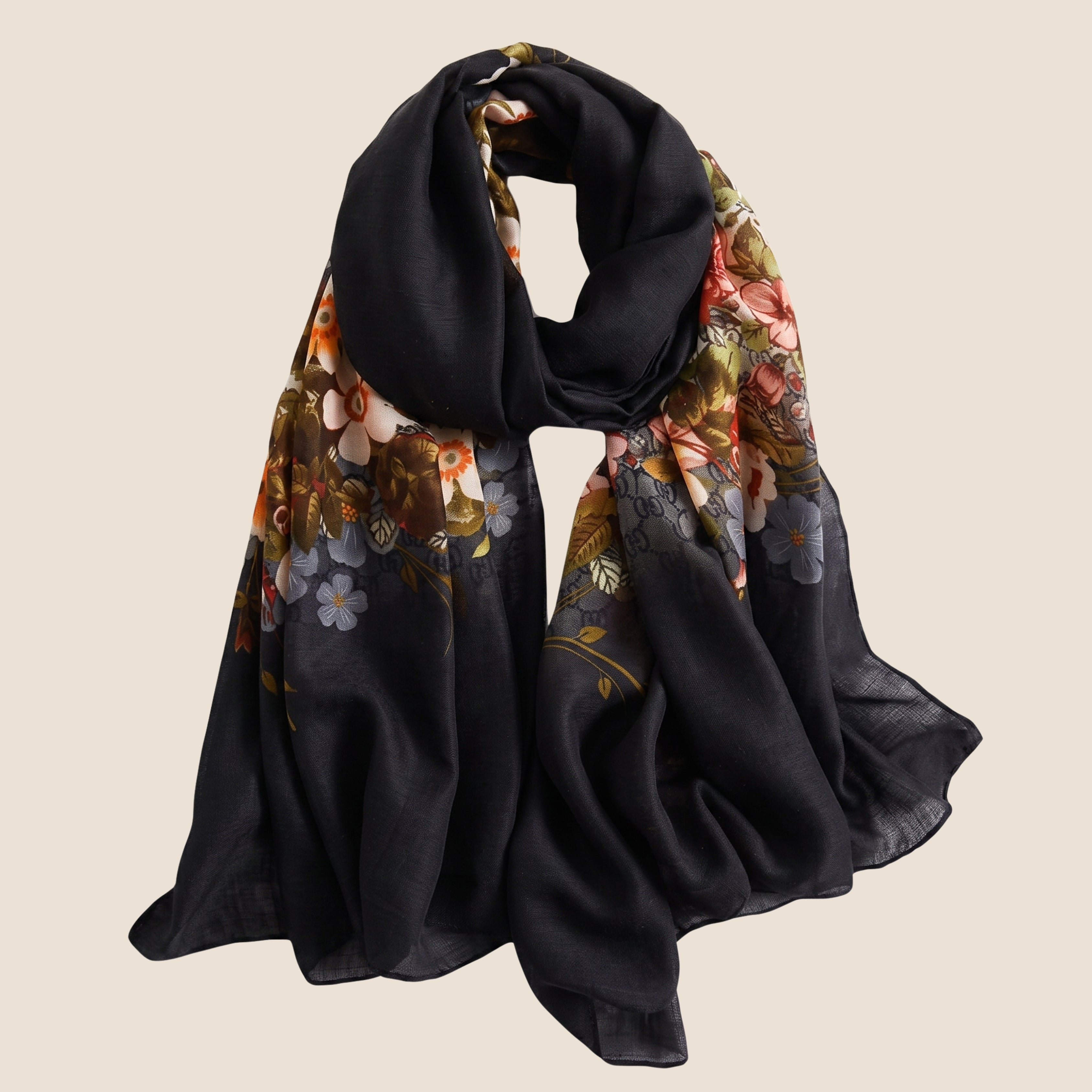 Elegant Black Floral Print Scarf for Women | Soft Lightweight Korean Style Shawl, Wrap & Stole