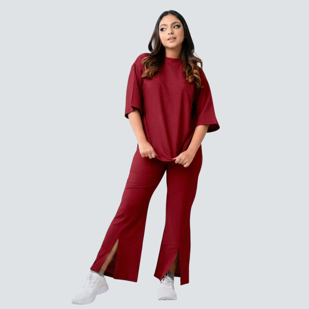 Women's Ribbed Co-Ord Set | Oversized Half Sleeve Top & Straight Fit Slit Pants | Casual Lounge Wear