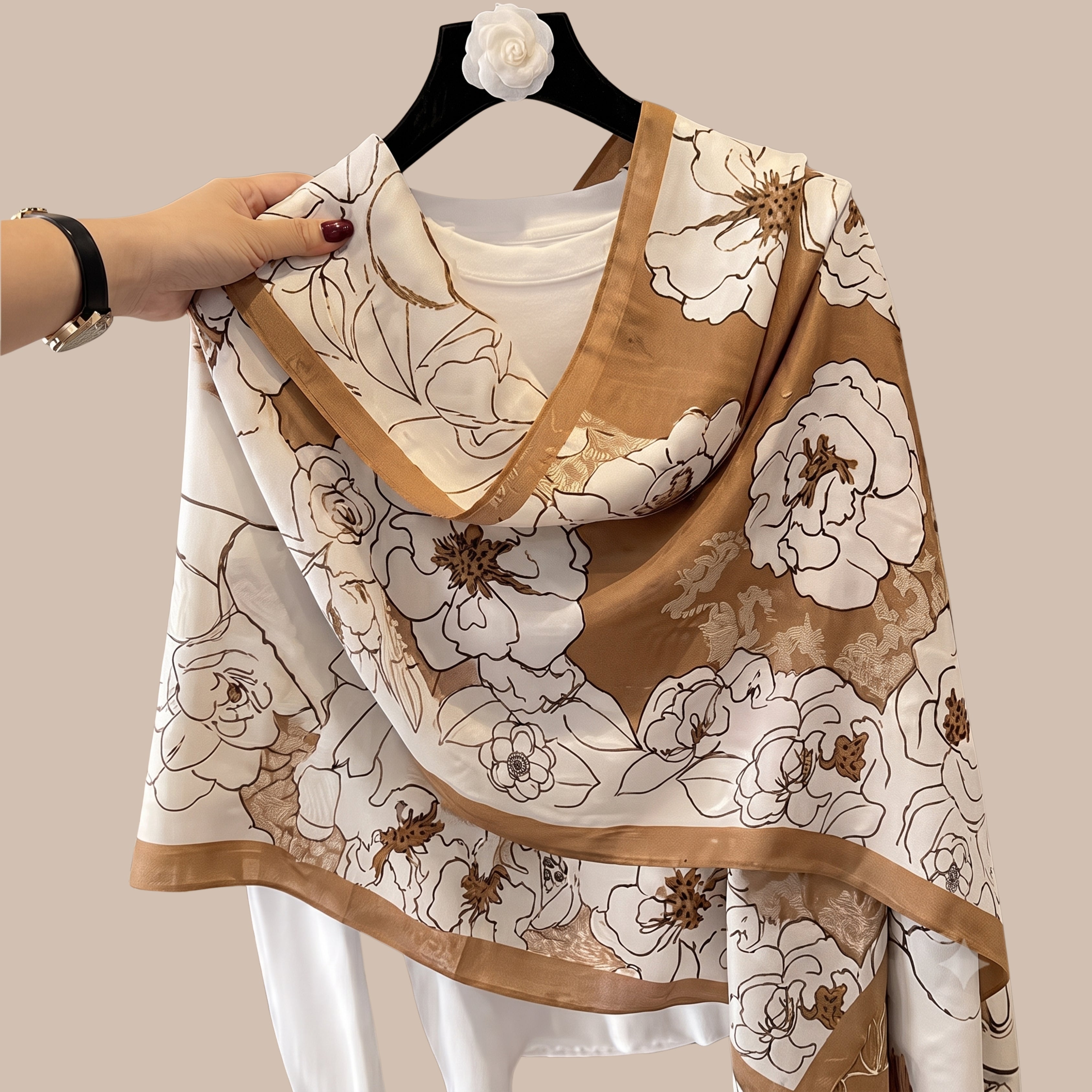 Scarf for Women - Beige Floral Print Lightweight Shawl, Women's Stole, Wrap & Neck Scarf