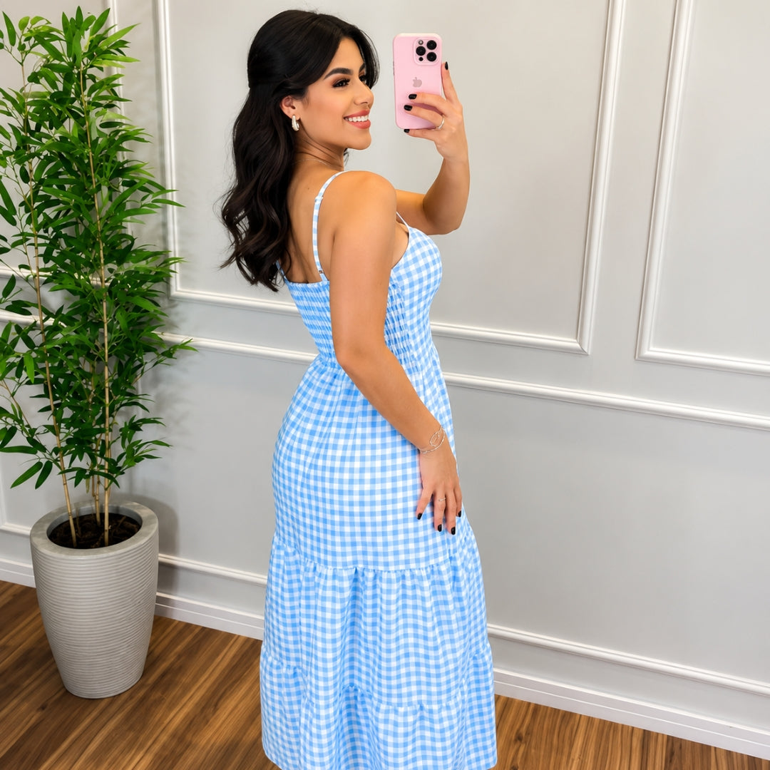 Sky Blue Gingham Maxi Summer Cotton Dress