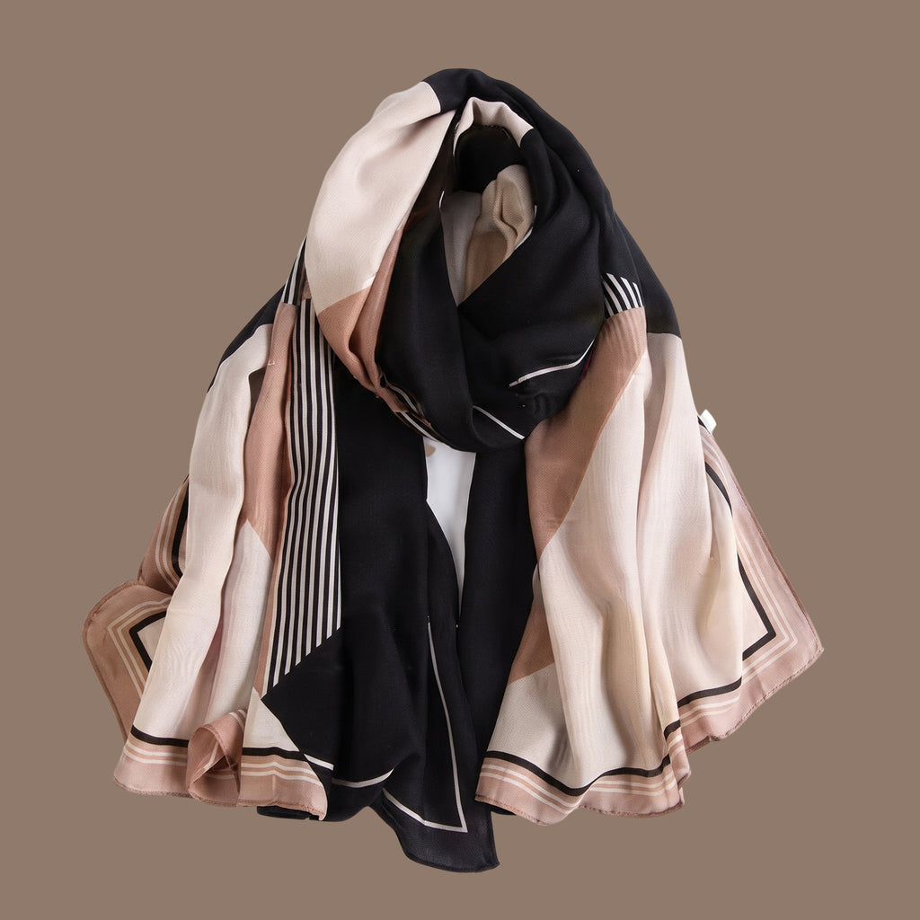Black & Beige Geometric Satin Scarf for Women | Soft Striped Square Neck Scarf, Shawl & Wrap