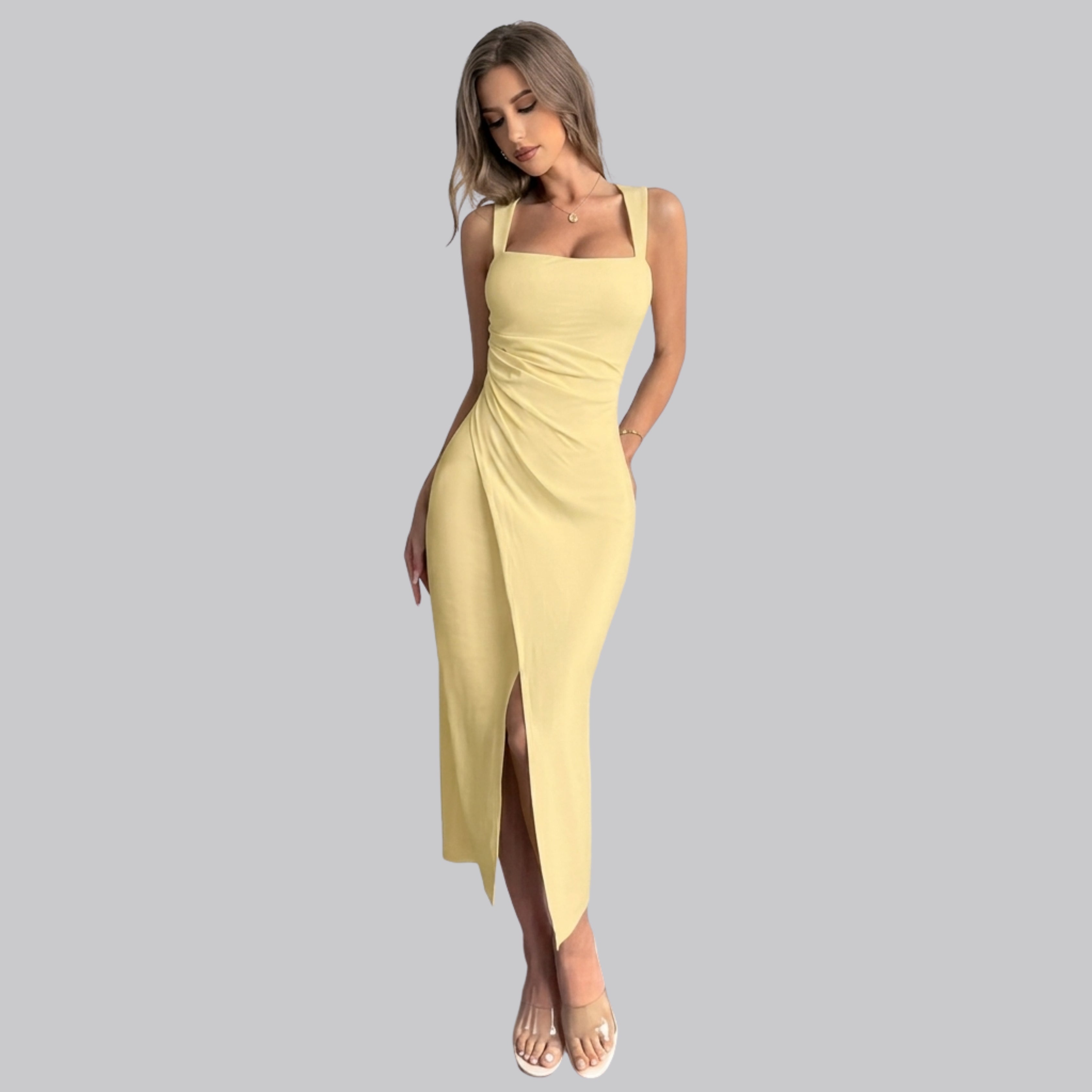 Women’s Yellow Square Neck Midi Dress with Front Slit -Elegant Bodycon Dress
