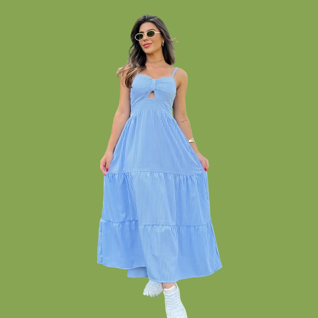 Sky Blue Striped Bow Detail Maxi Dress for Women | Sleeveless Summer Flowy Dress