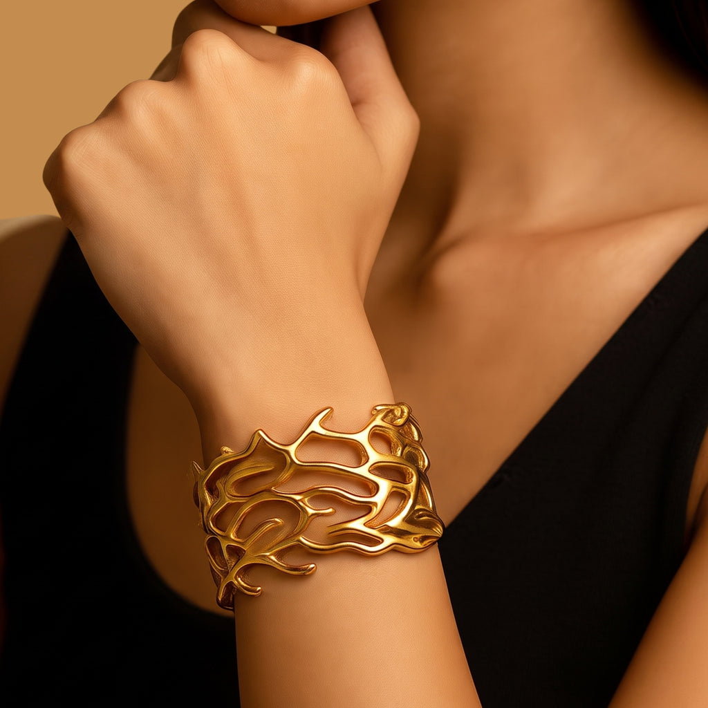 Abstract Gold Adjustable Cuff Bracelet for Women | Anti-Tarnish Statement Bracelet
