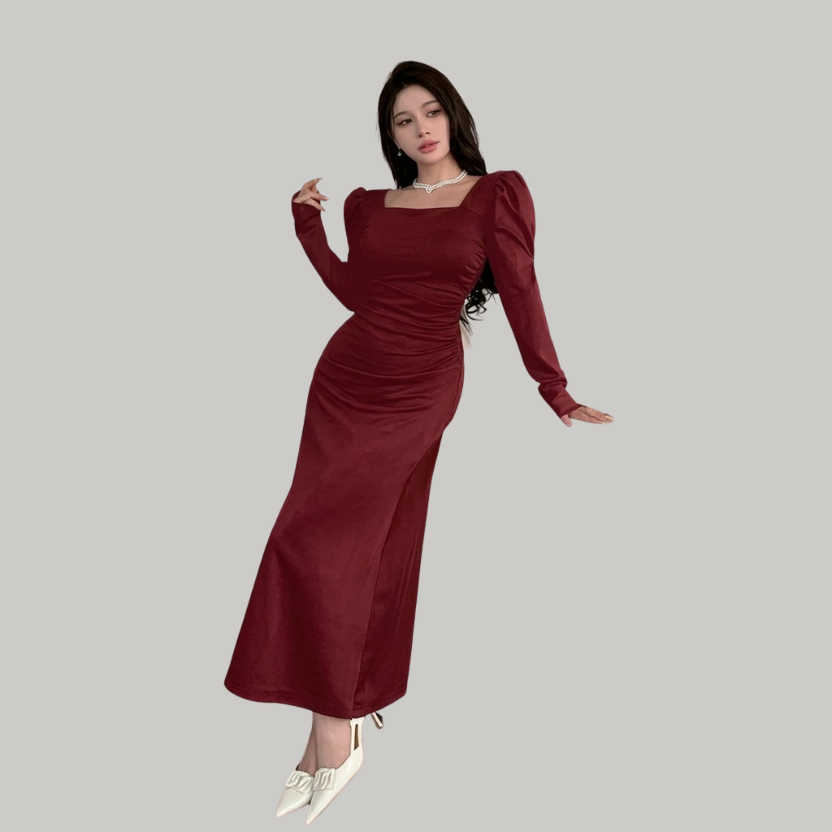Burgundy Maxi Dress with White Bow Back – Elegant Long Sleeve Evening Dress