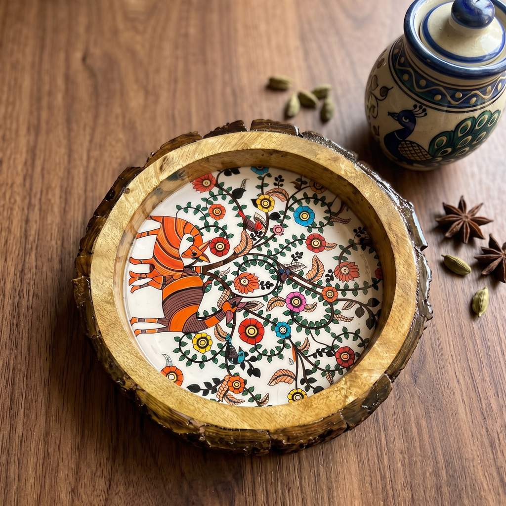 Rustic Round Wooden Serving Tray with Traditional Folk Art Print | Decorative Bark Edge Platter (8 Inch)