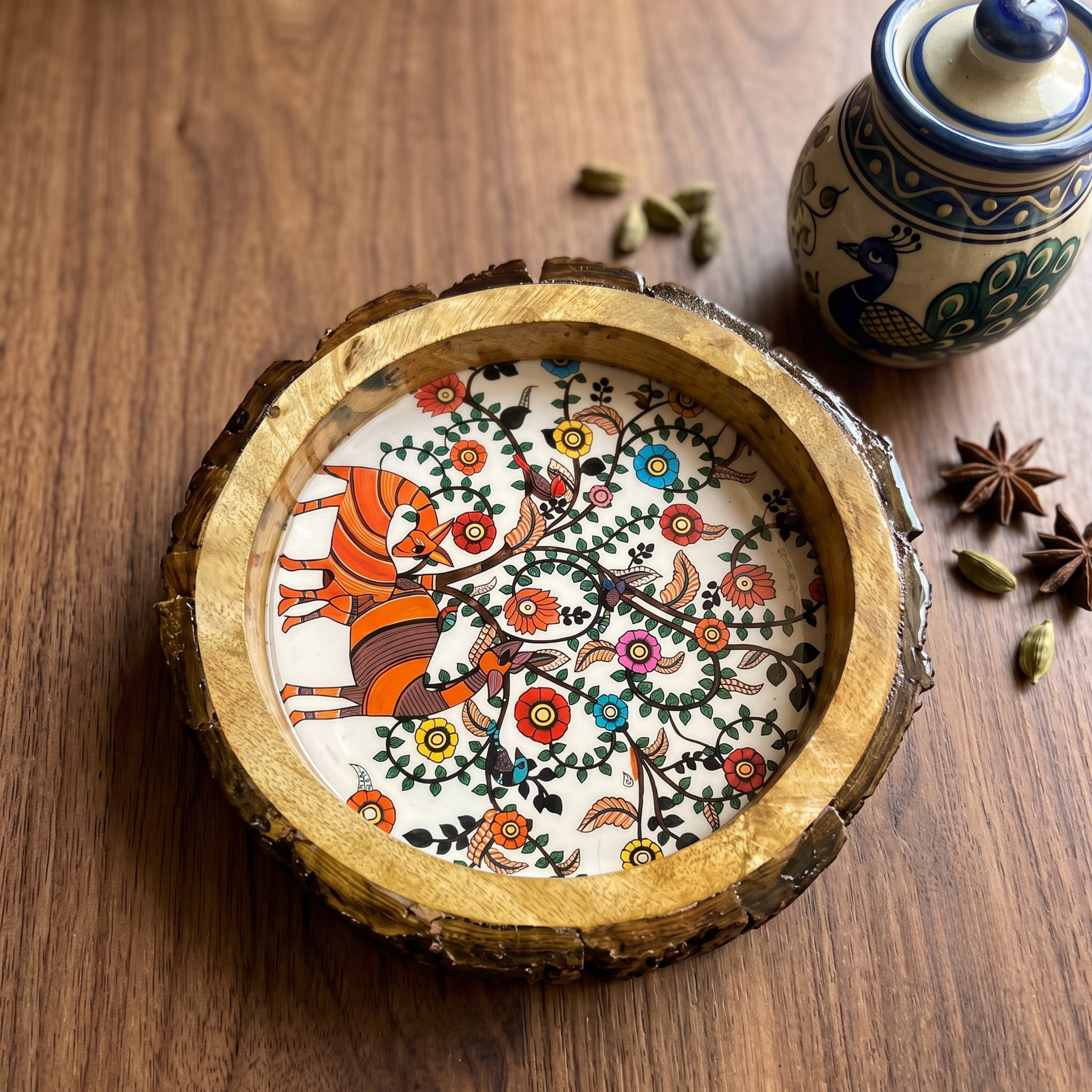 Rustic Round Wooden Serving Tray with Traditional Folk Art Print | Decorative Bark Edge Platter (8 Inch)