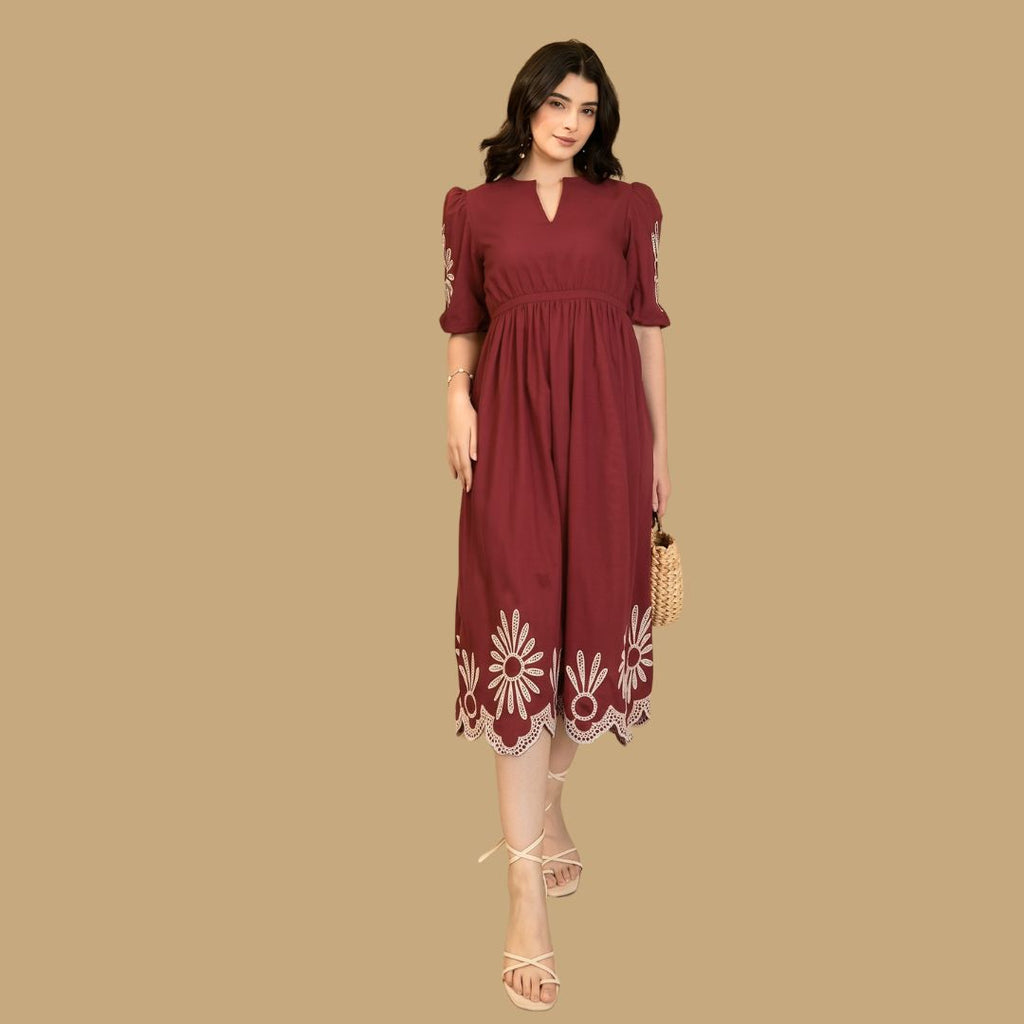 Maroon Floral Embroidered Midi Dress | Elegant Casual & Party Wear