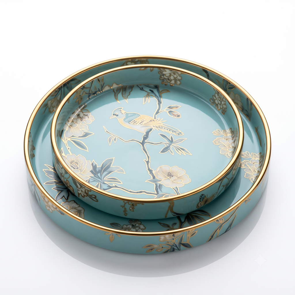Set of 2 Blue Wooden Serving Trays | 9-Inch Round Decorative Trays with Floral Design