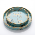 Set of 2 Blue Wooden Serving Trays | 9-Inch Round Decorative Trays with Floral Design