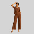 Women's Chocolate Brown Co-Ord Set | Button-Up Top & Wide Leg Pants |