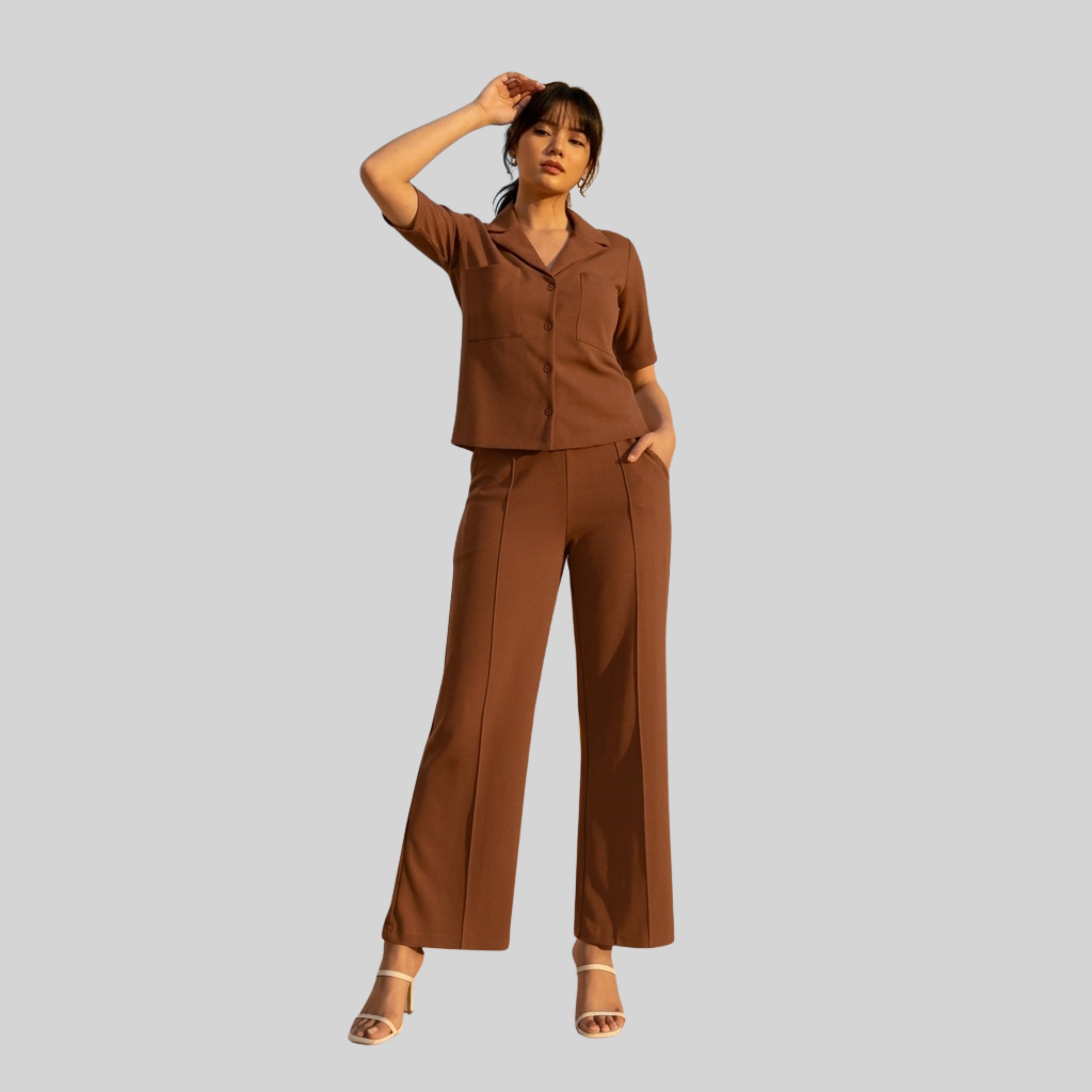 Women's Chocolate Brown Co-Ord Set | Button-Up Top & Wide Leg Pants |