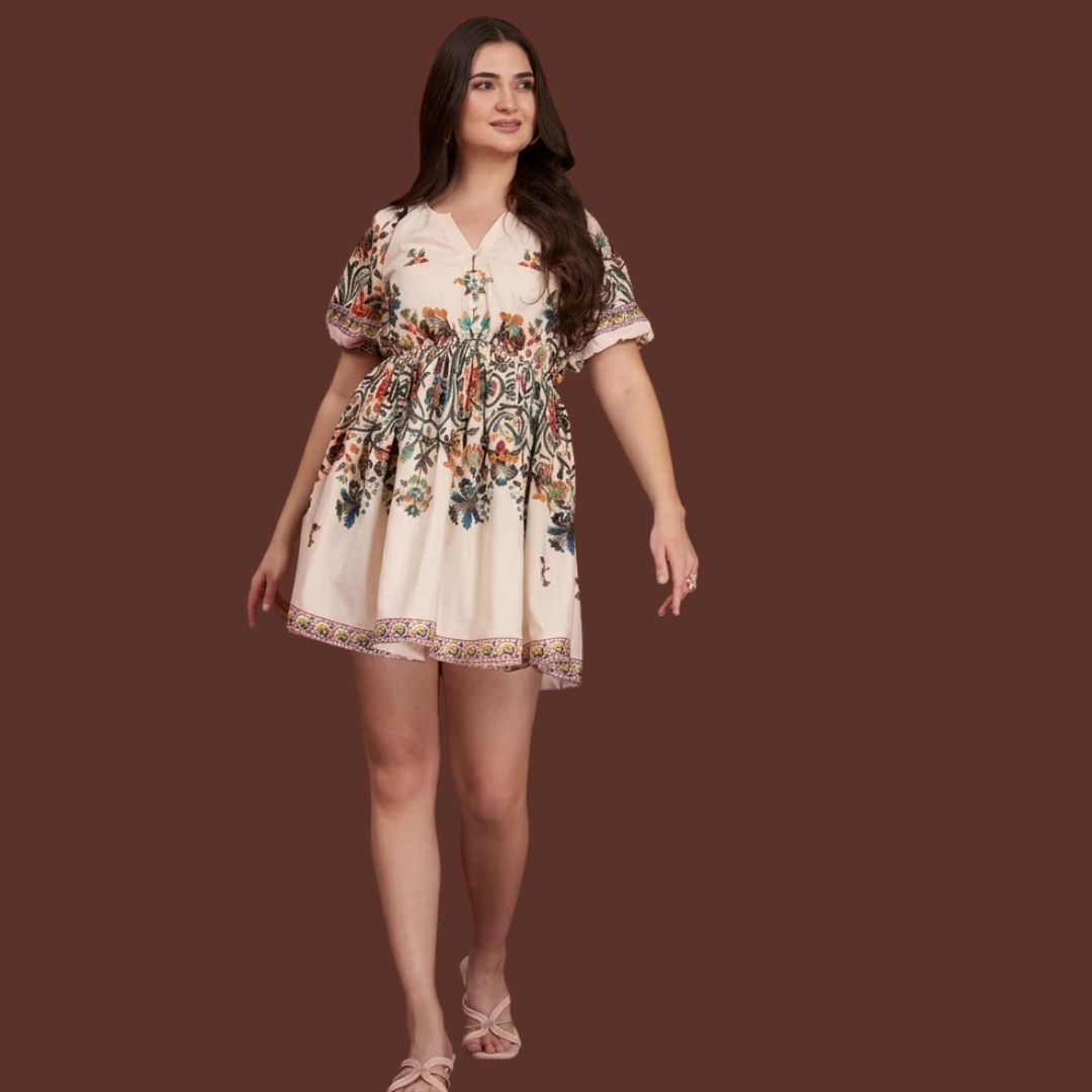 Boho Bloom Floral Print Mini Dress for Women – Cream Short Sleeve Summer Dress