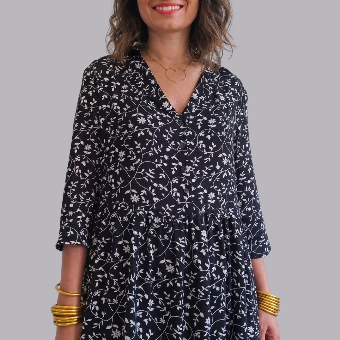 Black Floral Print V-Neck Mini Dress for Women | Casual A-Line Day Dress