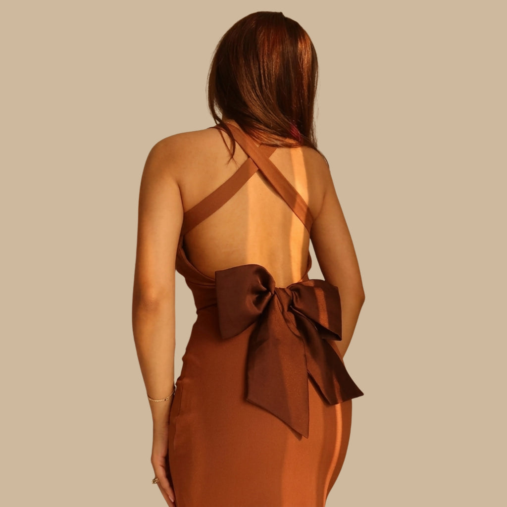 Rust Brown Open Back Maxi Dress with Bow Detail - Bodycon Evening Dress for Women