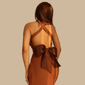 Rust Brown Open Back Maxi Dress with Bow Detail - Bodycon Evening Dress for Women