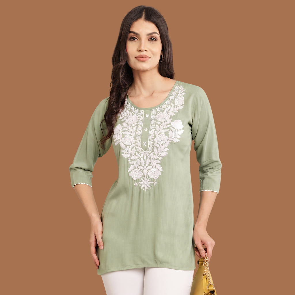 Women's  Green Embroidered Short Kurti | White Floral Embroidery Ethnic Top | Casual & Office Wear