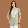 Women's  Green Embroidered Short Kurti | White Floral Embroidery Ethnic Top | Casual & Office Wear