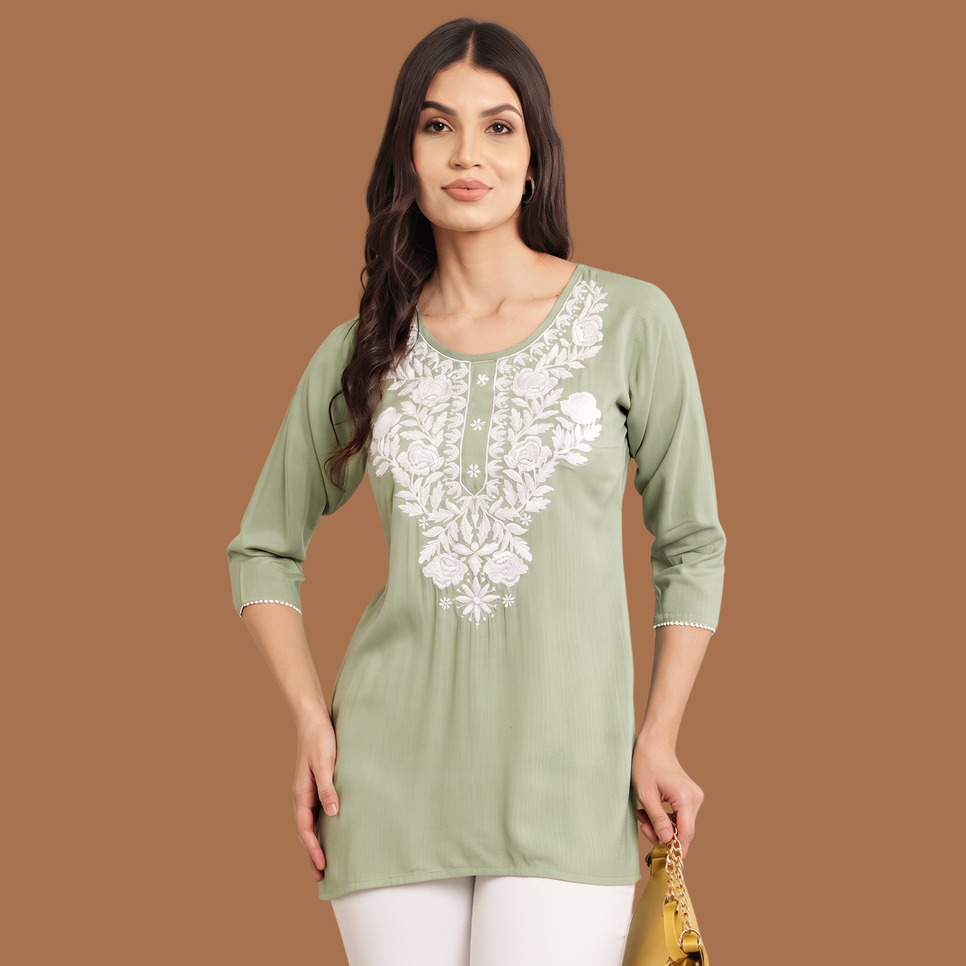 Women's  Green Embroidered Short Kurti | White Floral Embroidery Ethnic Top | Casual & Office Wear