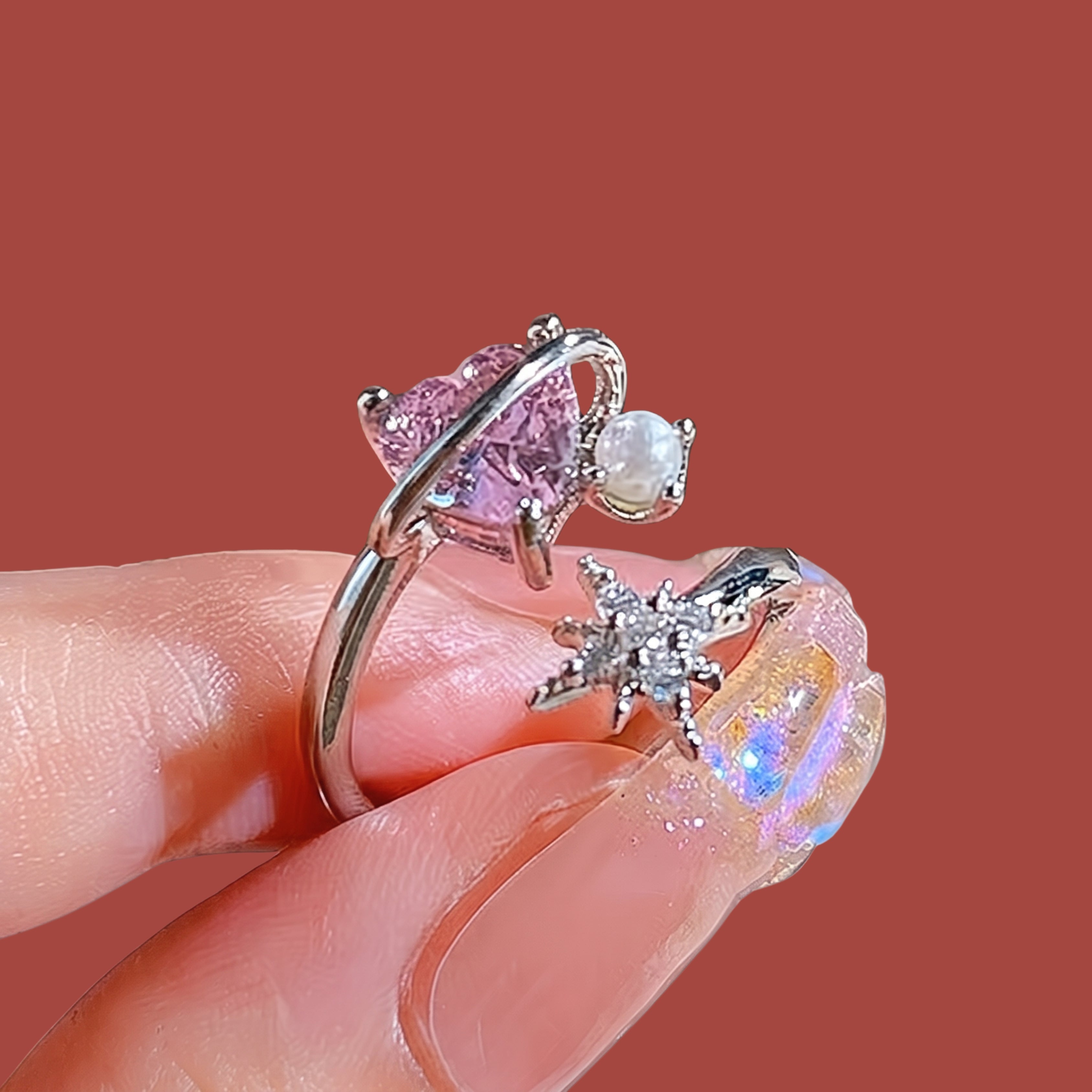 Pink Heart Adjustable Ring for Women | Anti-Tarnish Gold-Plated Planet Ring | Korean Minimalist Jewelry
