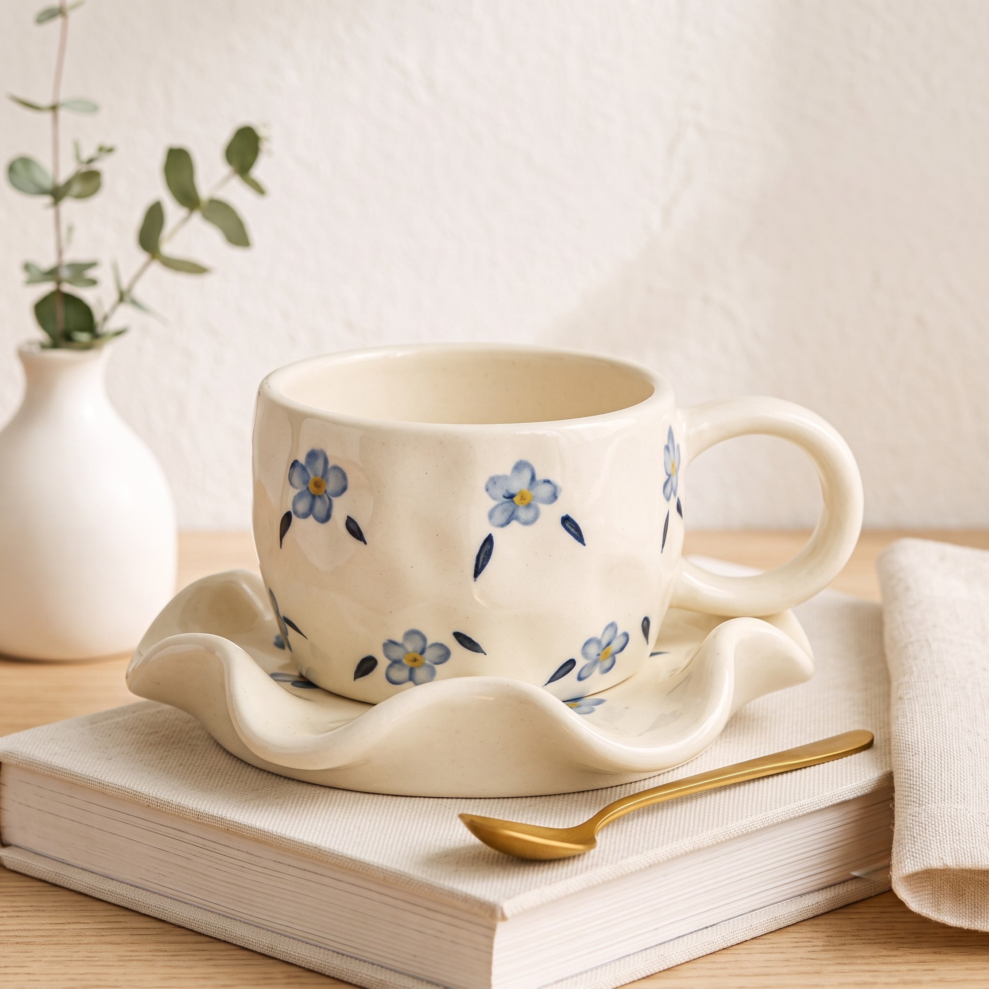 Elegant Cream Ceramic Floral Cup & Wavy Saucer Set | 300ml