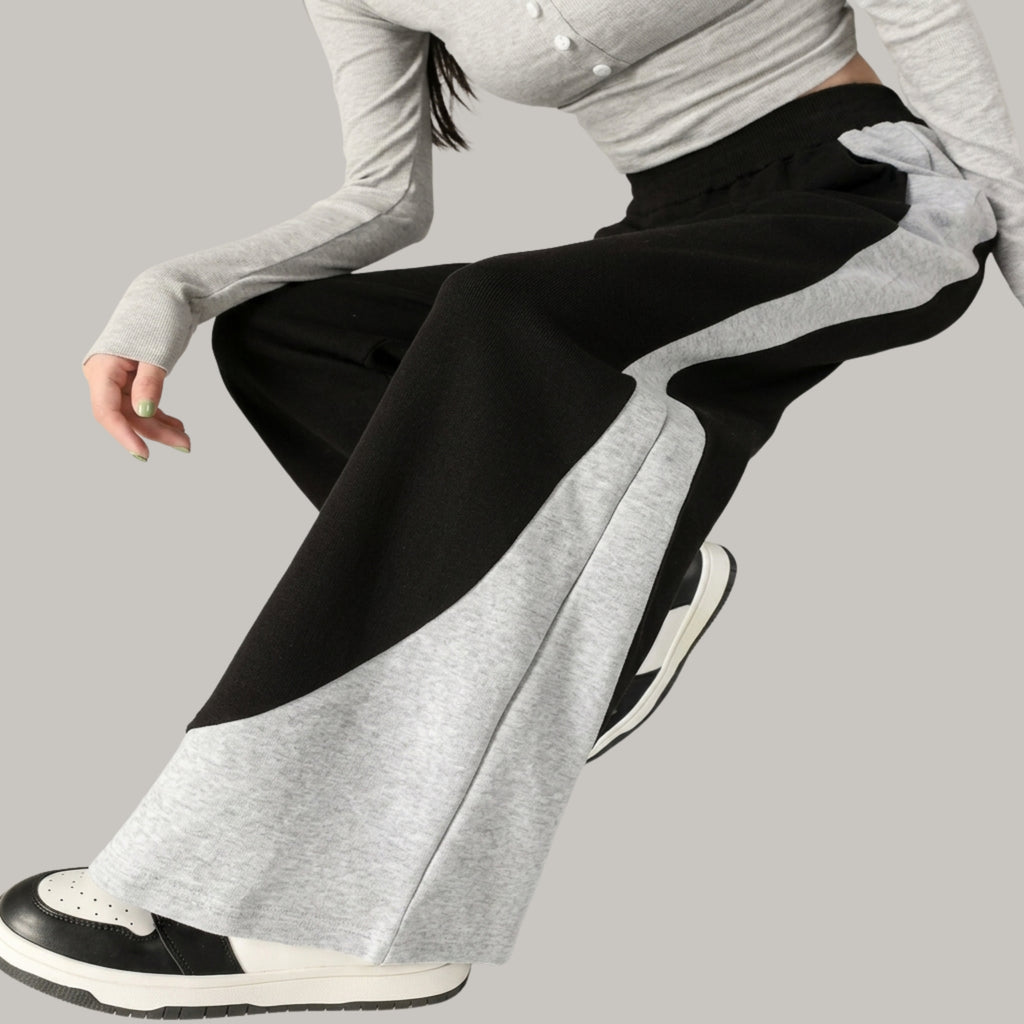 Women's KOREAN Color Block Wide Leg Sweatpants – Oversized High Waist Casual Black & Grey
