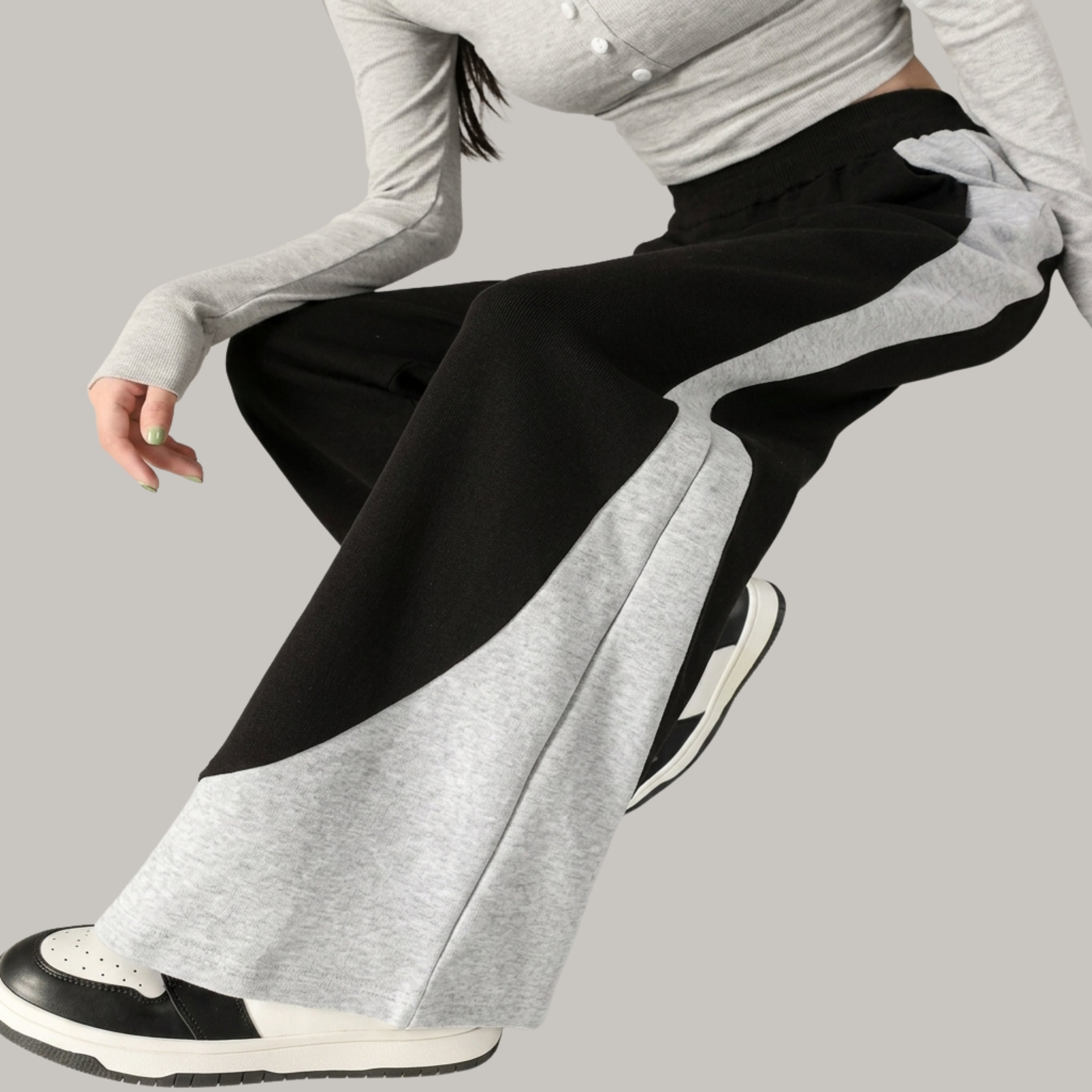 Women's KOREAN Color Block Wide Leg Sweatpants – Oversized High Waist Casual Black & Grey